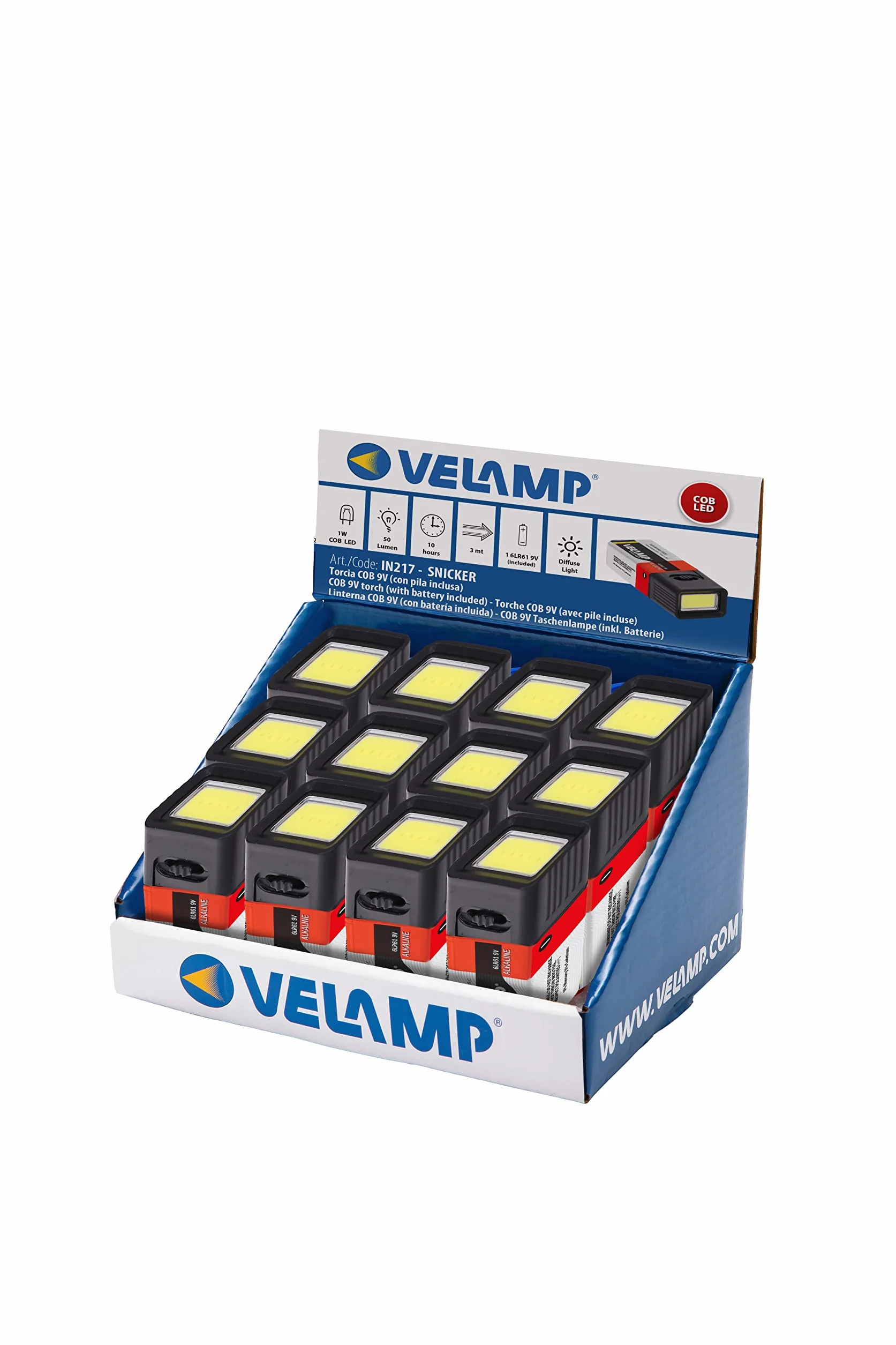 SNICKER Latarka LED COB 50 lumenów z baterią 9 V