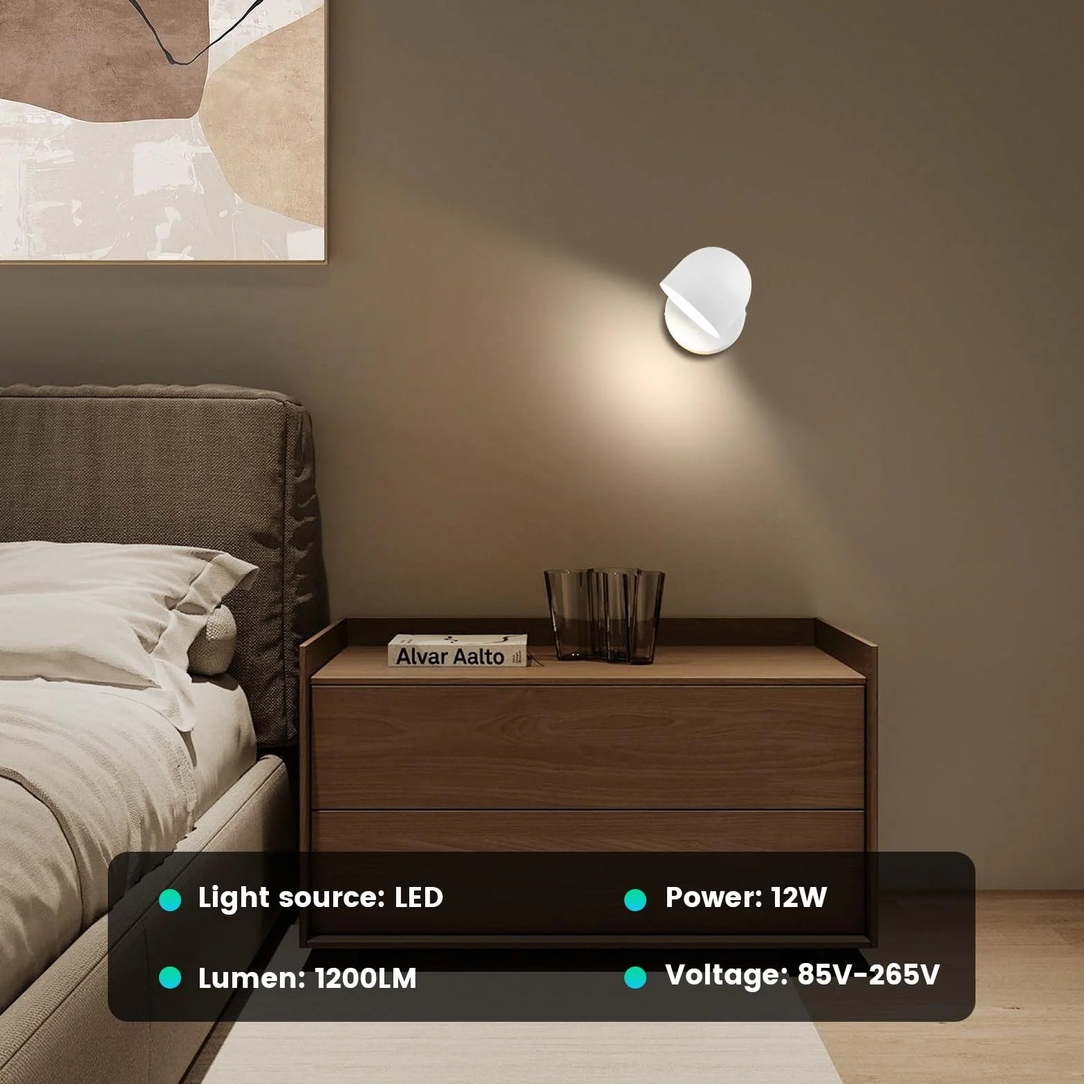 Kinkiet wewnętrzny LED 12W z wtyczką ściemniana lampa ścienna sterowana dotykiem, 360° obrotowy lampka nocna, 3000 K ciepły biały regulowany światło do czytania się salonu, sypialni, schodów,White