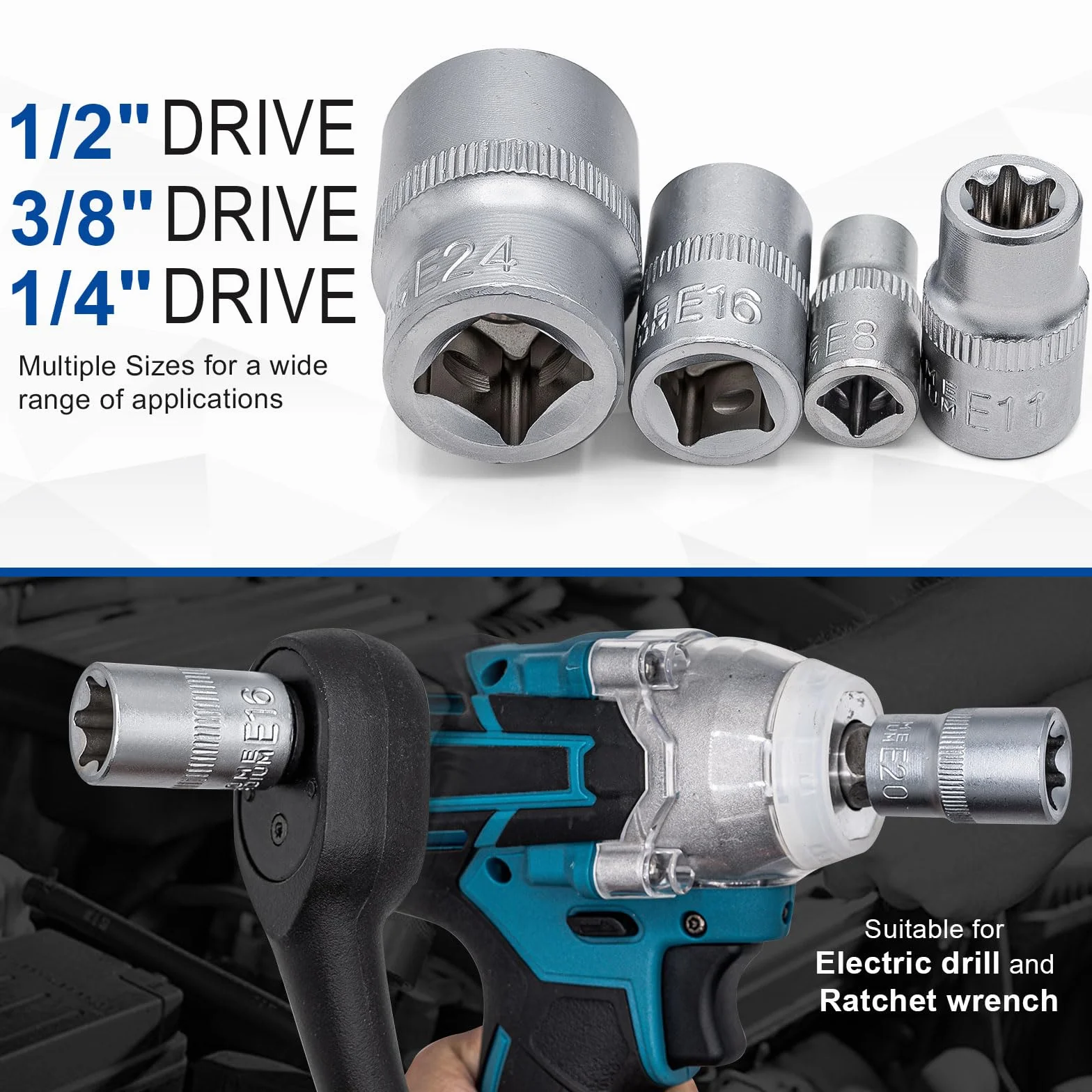 DAKCOS 14-częściowy zestaw kluczy nasadowych Torx E-Torx 1/4 3/8 1/2 cala CR-V