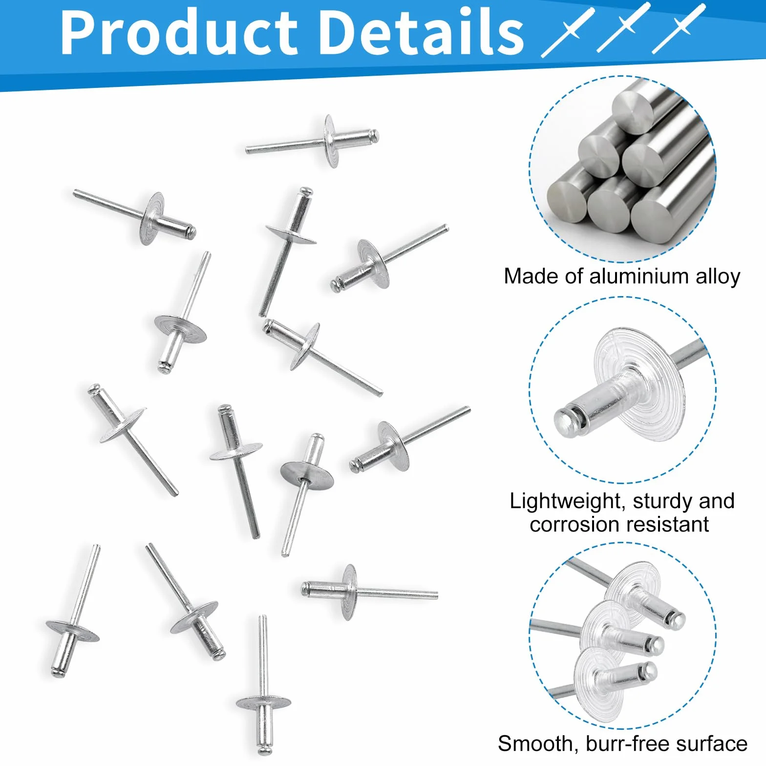 Nity zrywalne aluminiowe z dużą główką 4,8 x 13 mm (głowica 16 mm) srebrne 100 sztuk