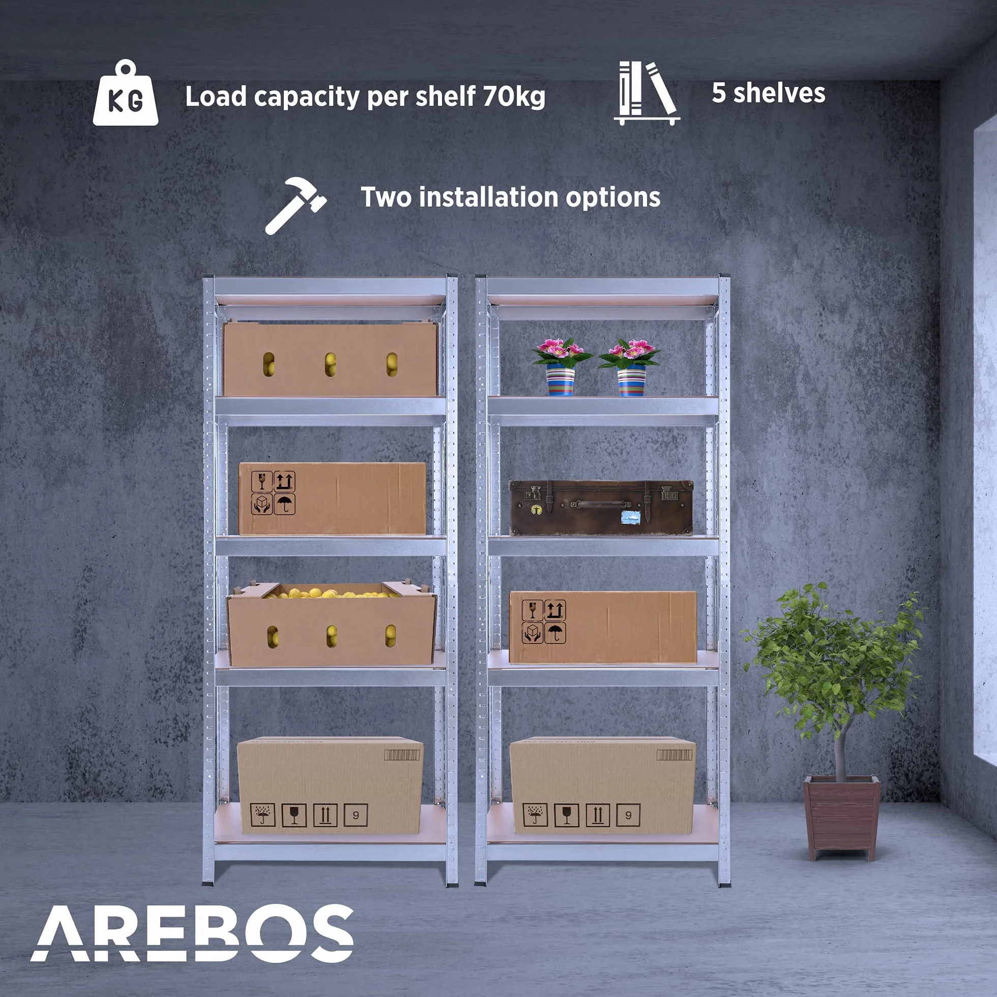 Arebos Regał do dużych obciążeń 180x75x30cm 5 paneli MDF 350kg Zestaw 2