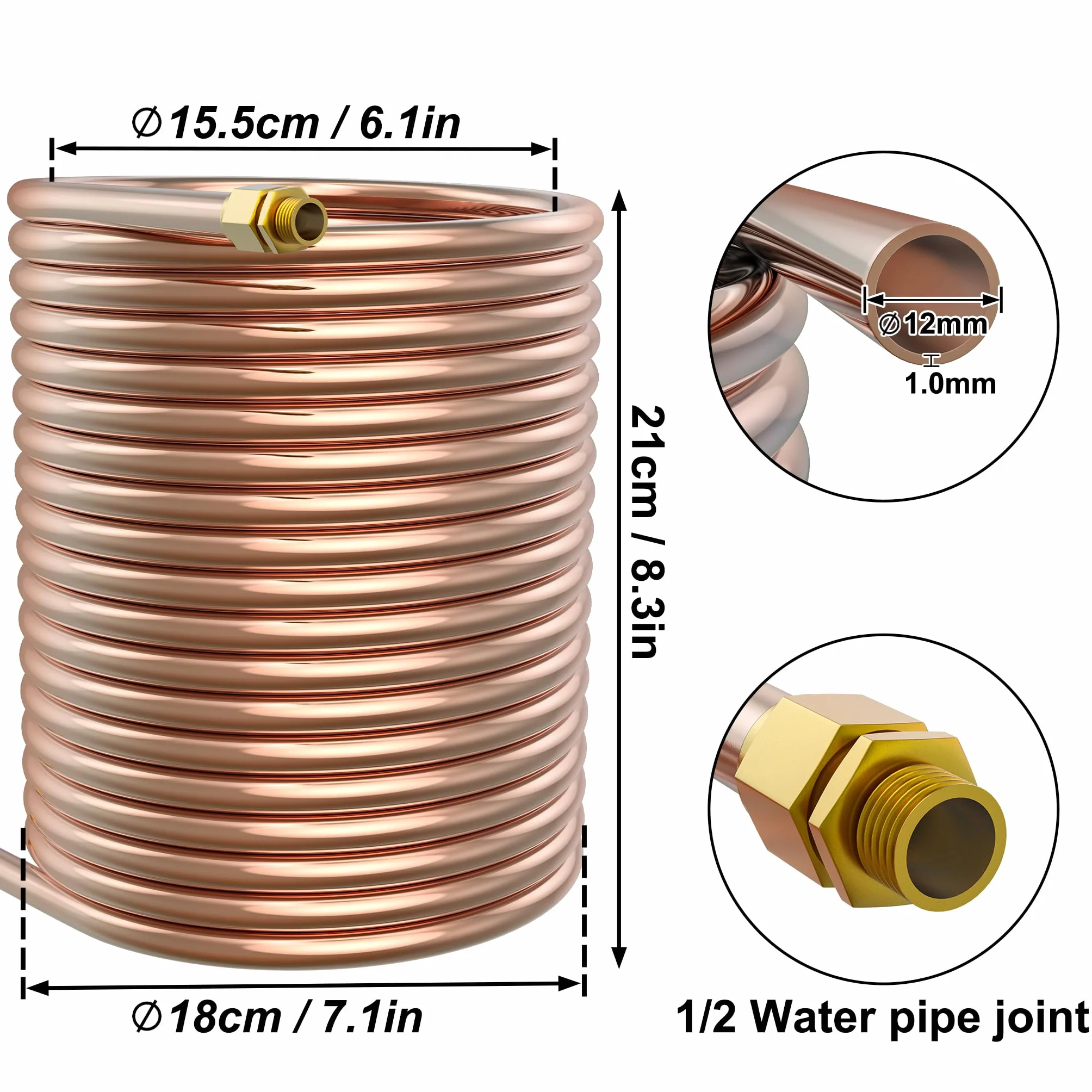 Spirala z rur miedzianych 12 x 1 mm, długość 10 m, przyłącze 1/2 cala