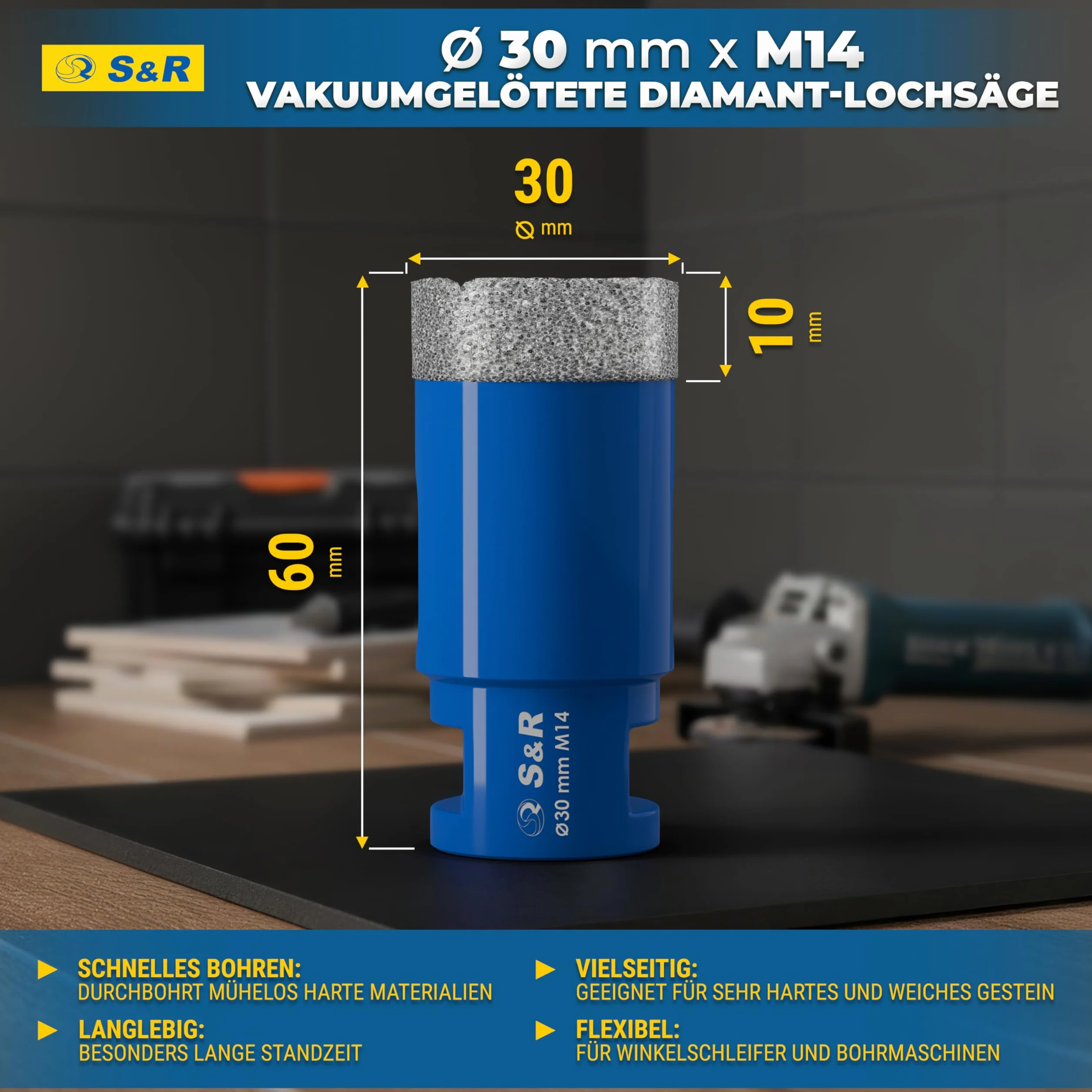 S&R Profesjonalne diamentowe wiertło do płytek 30 mm, gwint M14