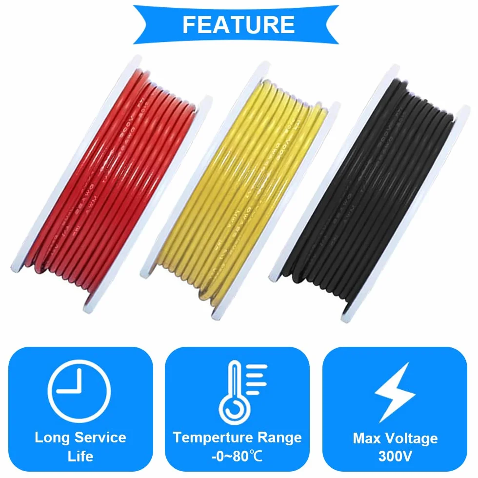 Zestaw kabli połączeniowych 26AWG, kabel elektryczny 26 Gauge, izolacja PVC 300 V, ocynowany drut miedziany, 3 kolory (czarny, czerwony, żółty)