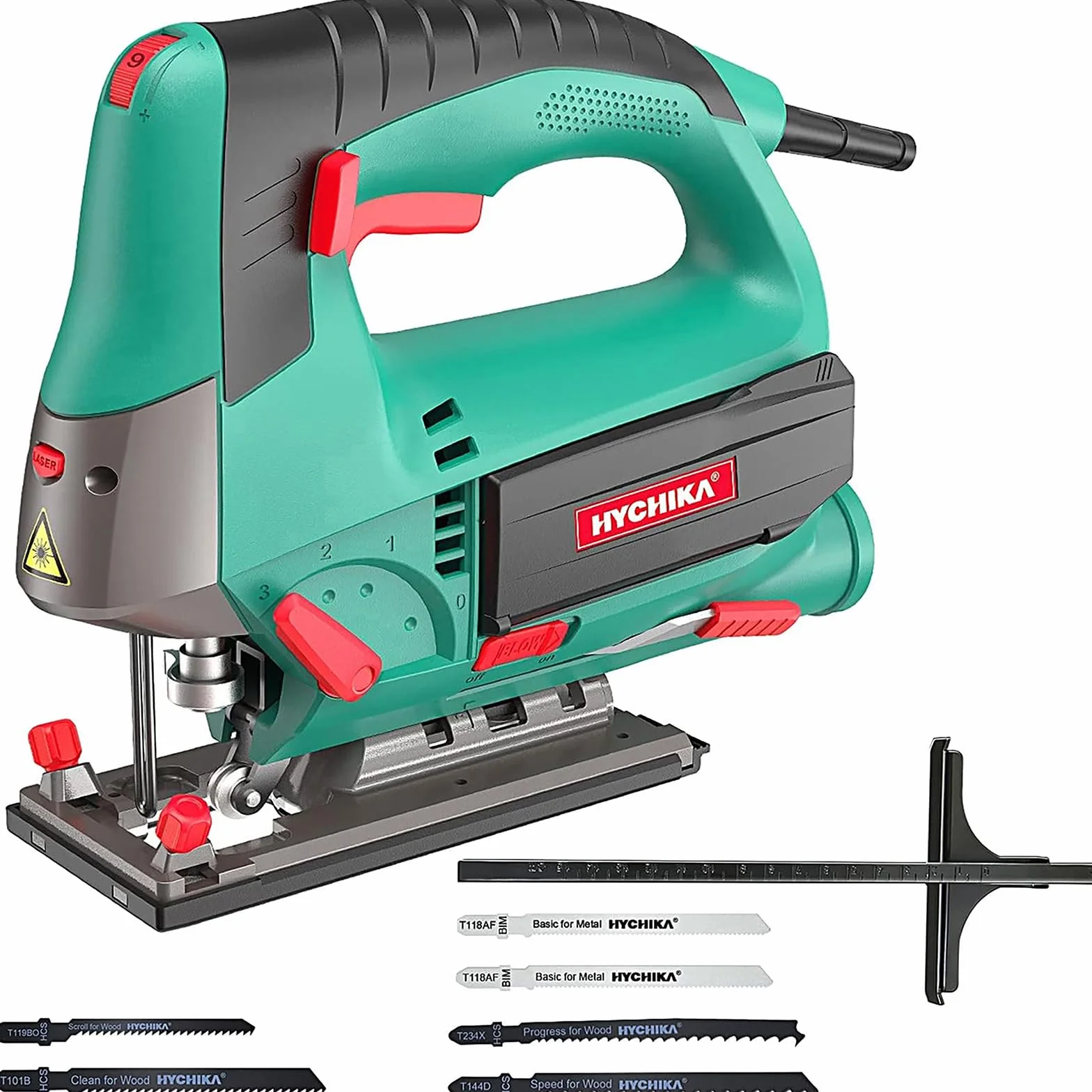 HYCHIKA Wyrzynarka 800W Max Głębokość Cięcia 110mm 800-3000Spm Elektryczna z Laserem 6 Prędkości Cięcie Ukośne -45° do 45° 6 Ostrzy