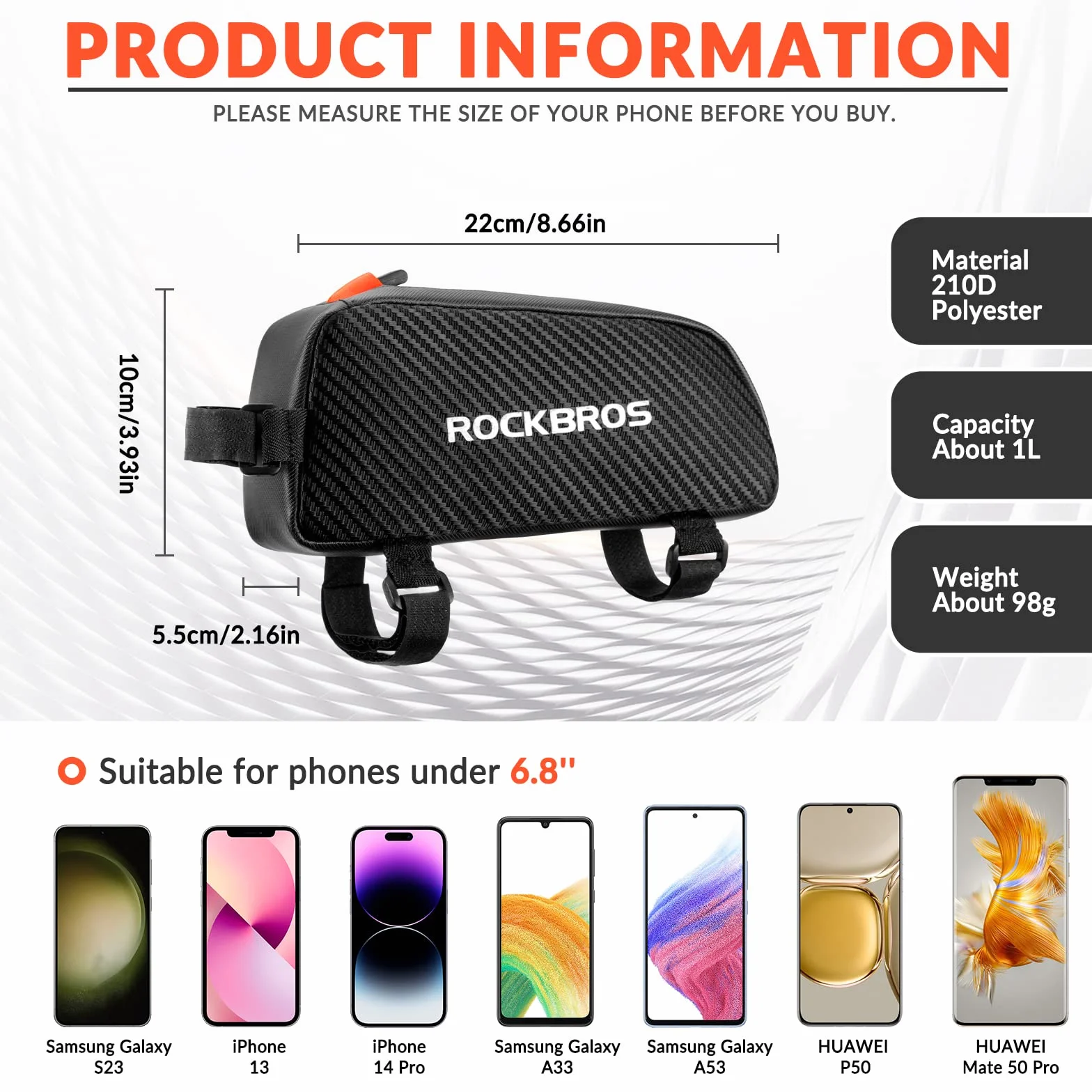 ROCKBROS Torba na Ramę Rowerowa Torba na Ramę Roweru Torba na Górną Ramę ok. 1L,22 x 10 x 5,5 CM