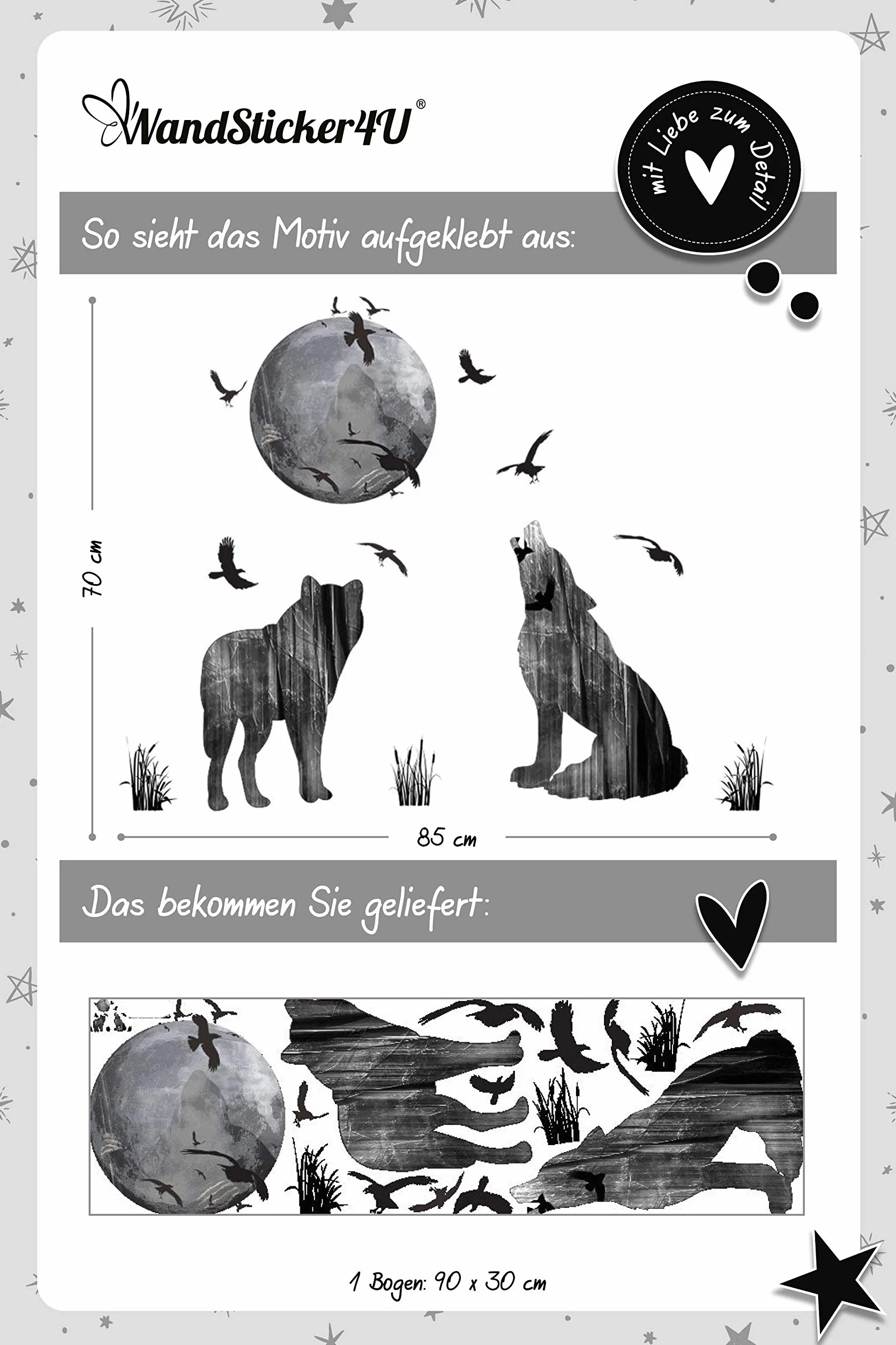 WandSticker4U Tatuaż ścienny z rodziny wilków z lasu 85 x 70 cm naklejka ścienna do salonu