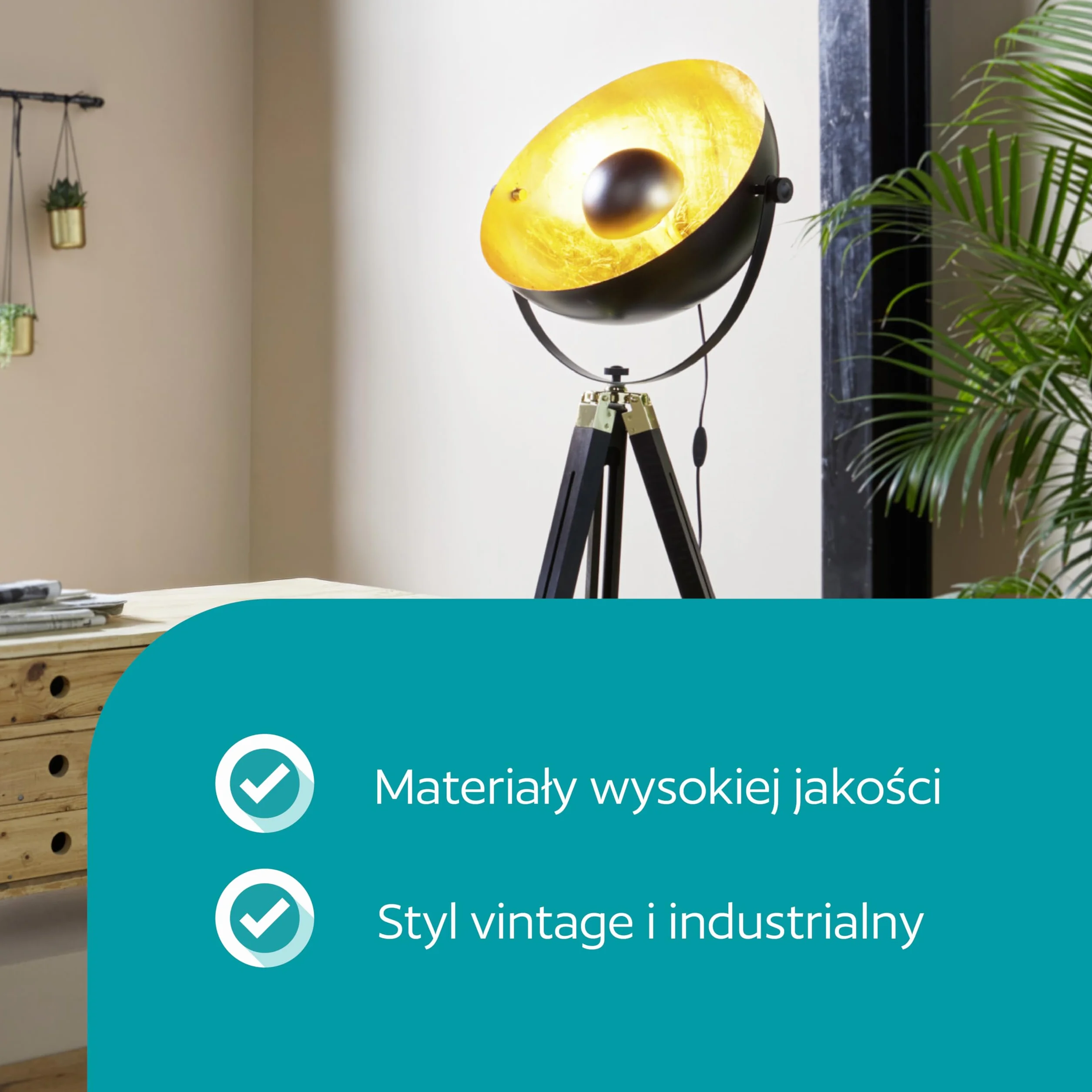 EGLO lampa podłogowa drewno stal 60 W czarny mosiądz złoty