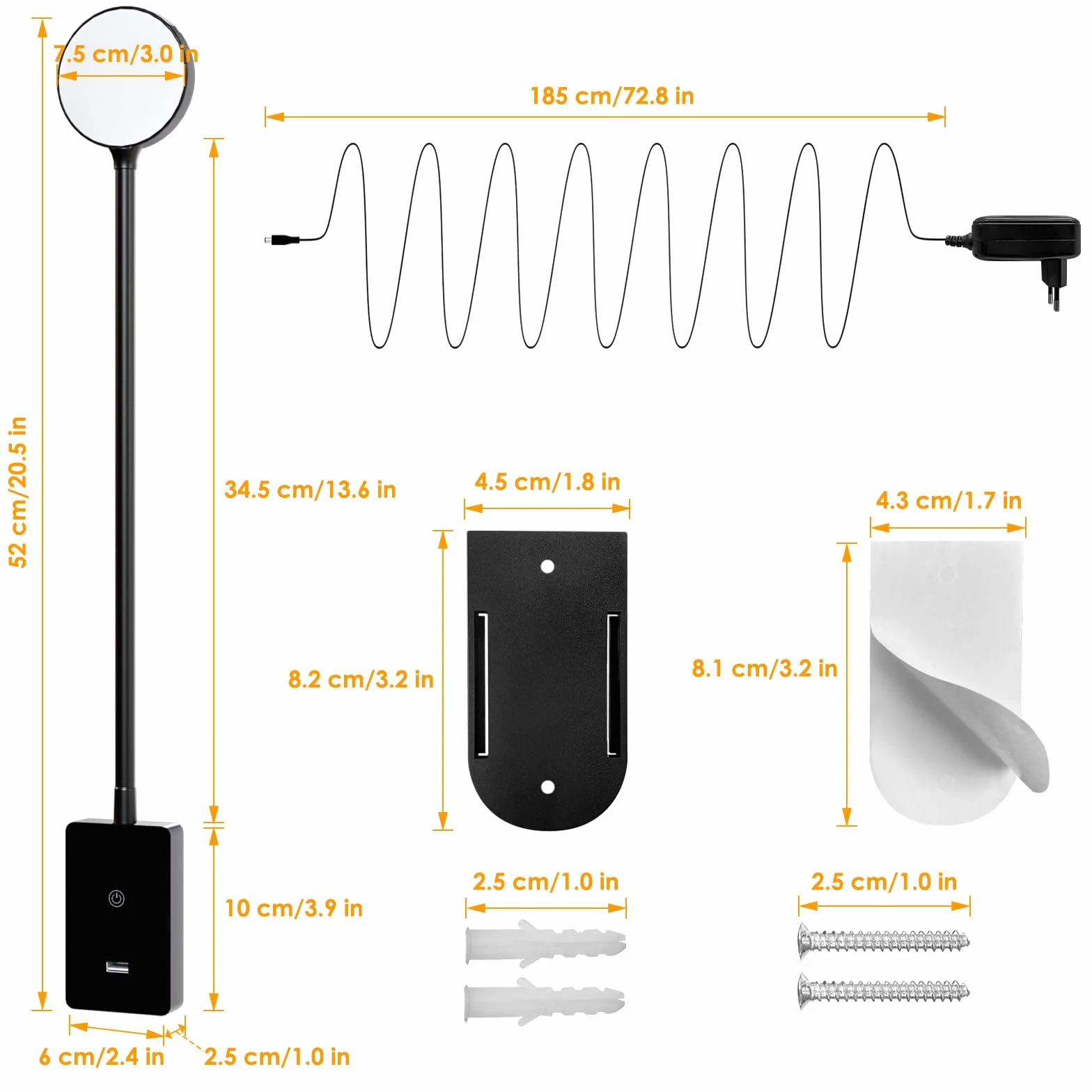 ENUOTEK Lampy Ścienne Z Giętkim Montażem Do Czytania, Dotykowy Dimmable Kinkiet, 4 Poziomy Jasności, USB 5V2A, 120° Neutralne Białe Oświetlenie