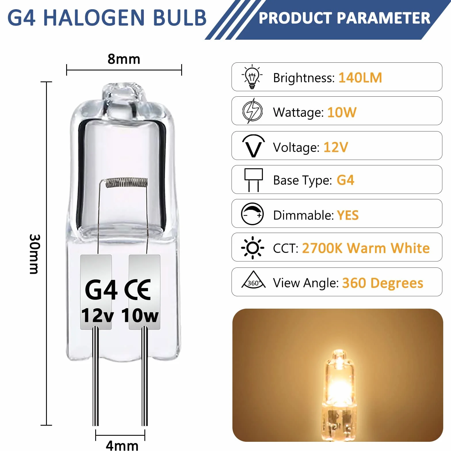 Zestaw 12 żarówek halogenowych G4 12V 10W ciepła biel 2700K 140lm