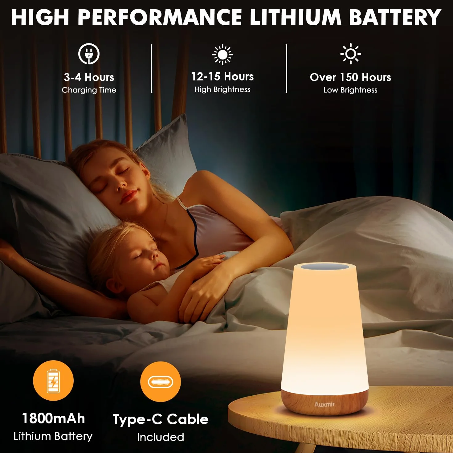 Auxmir Lampka nocna LED dotykowa RGB ściemniana USB przenośna do sypialni salonu