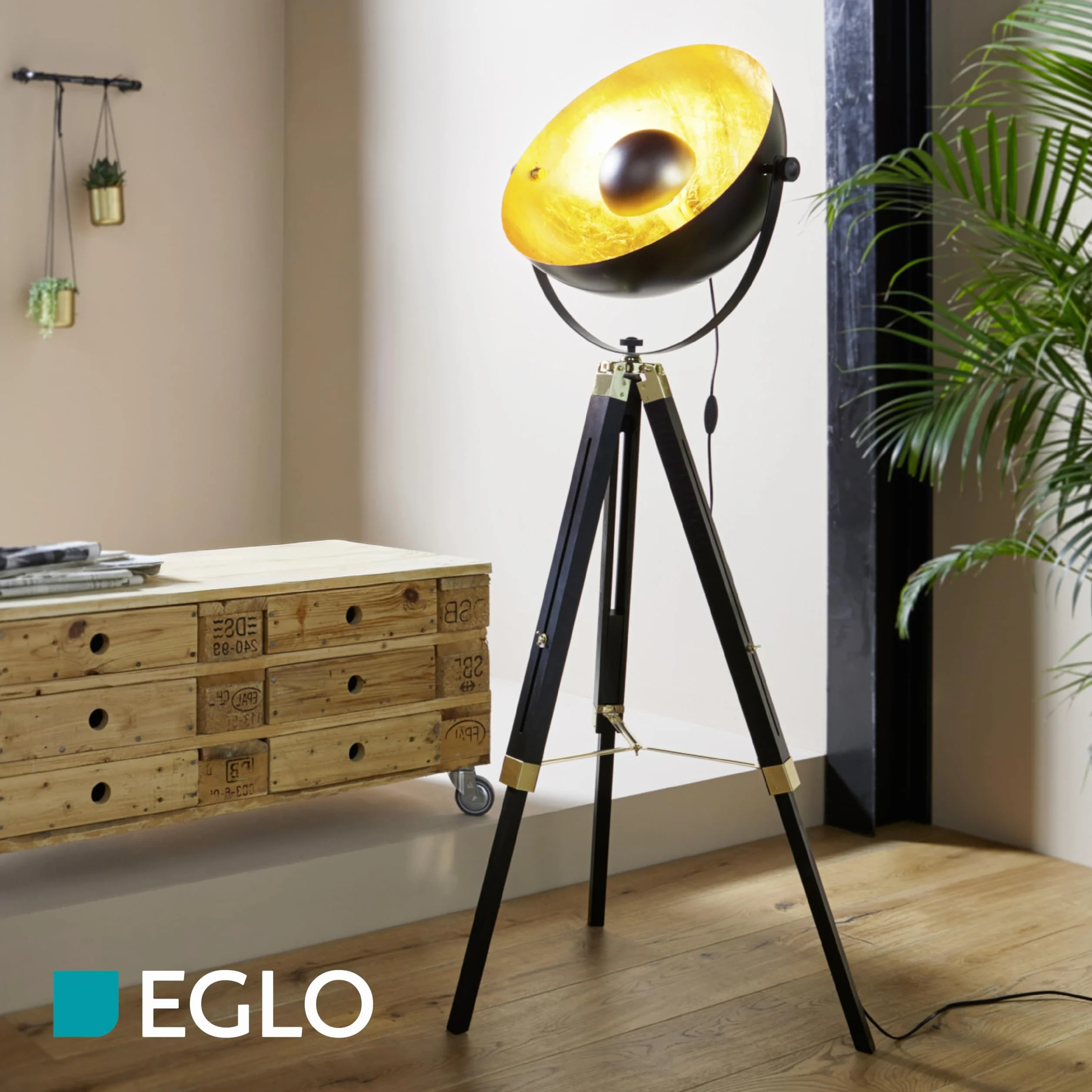 EGLO lampa podłogowa drewno stal 60 W czarny mosiądz złoty