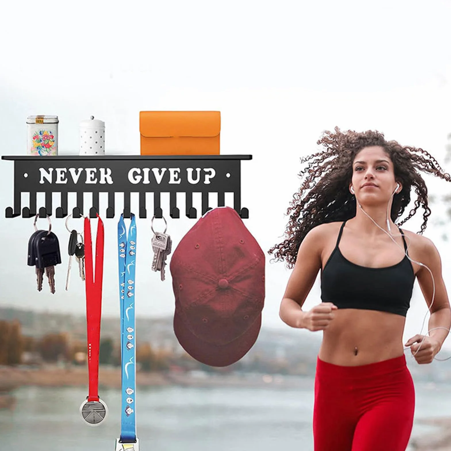 Cryfokt Never Give Up Wieszak ekspozycyjny na medal, ze stali węglowej, uchwyt na medal, rama z haczykami, solidny wodoodporny sportowy organizer do przechowywania medali do zawieszania kluczy, medali