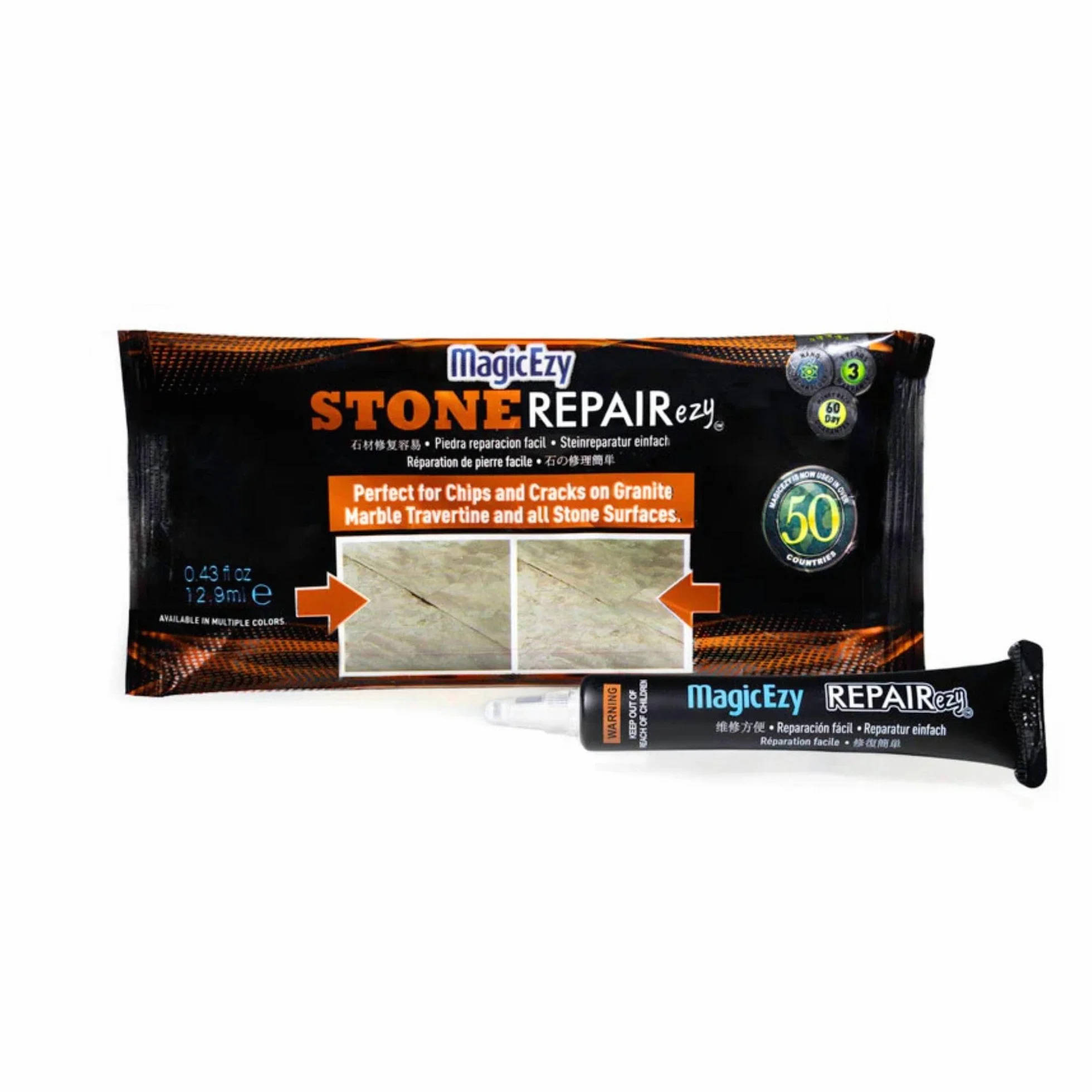 MagicEzy Stone RepairEzy (czarny): Trawertyn, wapń, granit, kwarc lub marmur zestaw naprawczy - szybko naprawia pęknięcia i odpryski - naprawa blatu roboczego - wypełniacz szwów