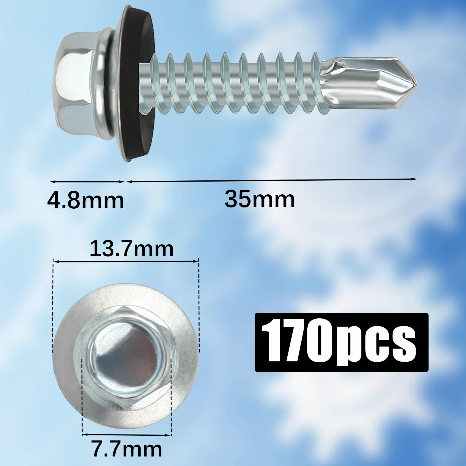 Wkręty samogwintujące 4,8x35 mm do blachy trapezowej z uszczelką srebrne 170 sztuk