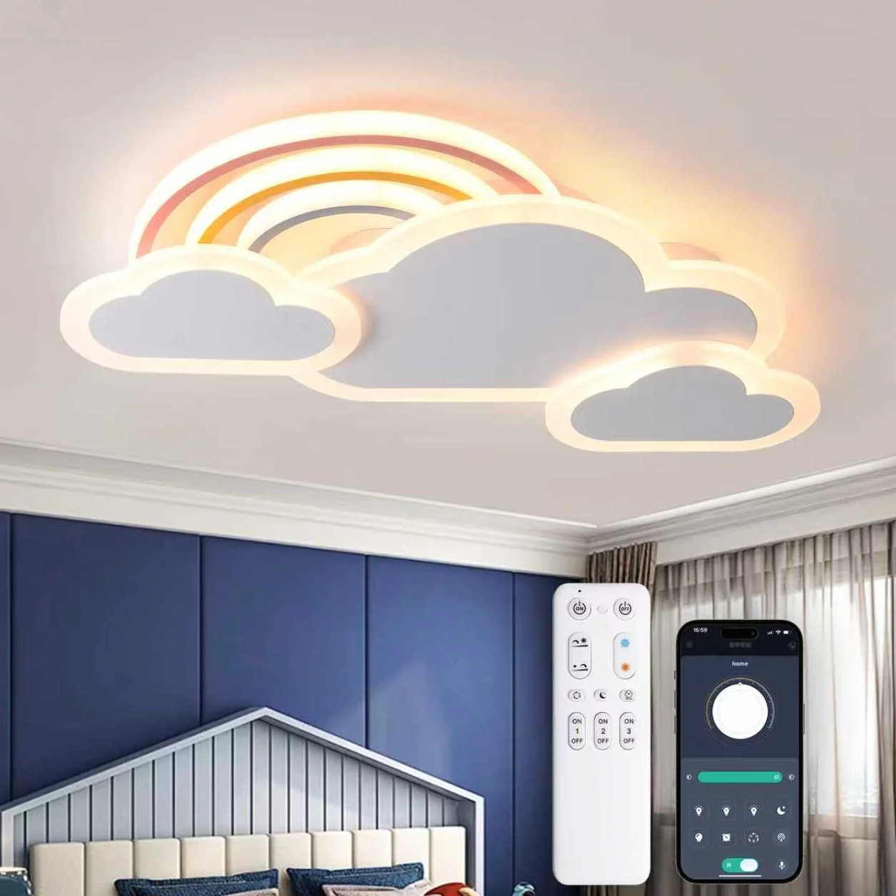 Lampa sufitowa LED dla dzieci, Kreatywna lampa sufitowa w kształcie chmury z pilotem zdalnego sterowania, Bezstopniowe, do wnętrz, Pokój Dziecięcy Chłopcy Dziewczęta, 63cm Biały