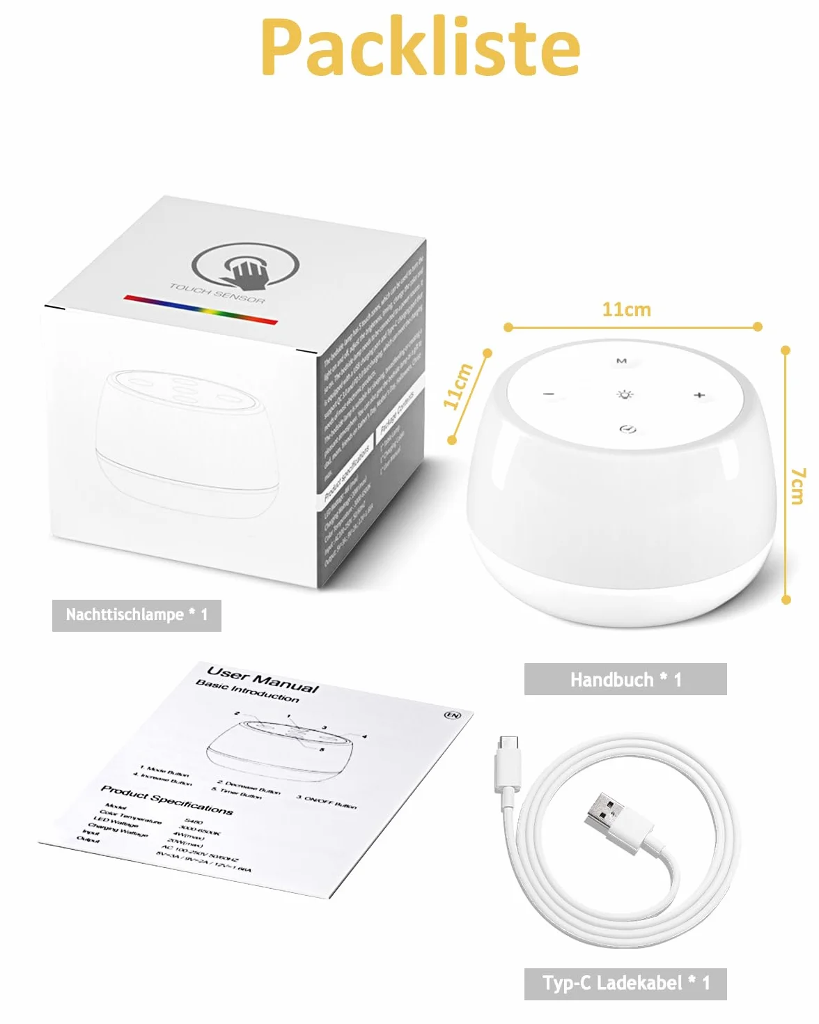 Bonsery Dotykowa lampka nocna LED z timerem, akumulatorowa USB, 9 kolorów, 3 tryby, dla niemowląt