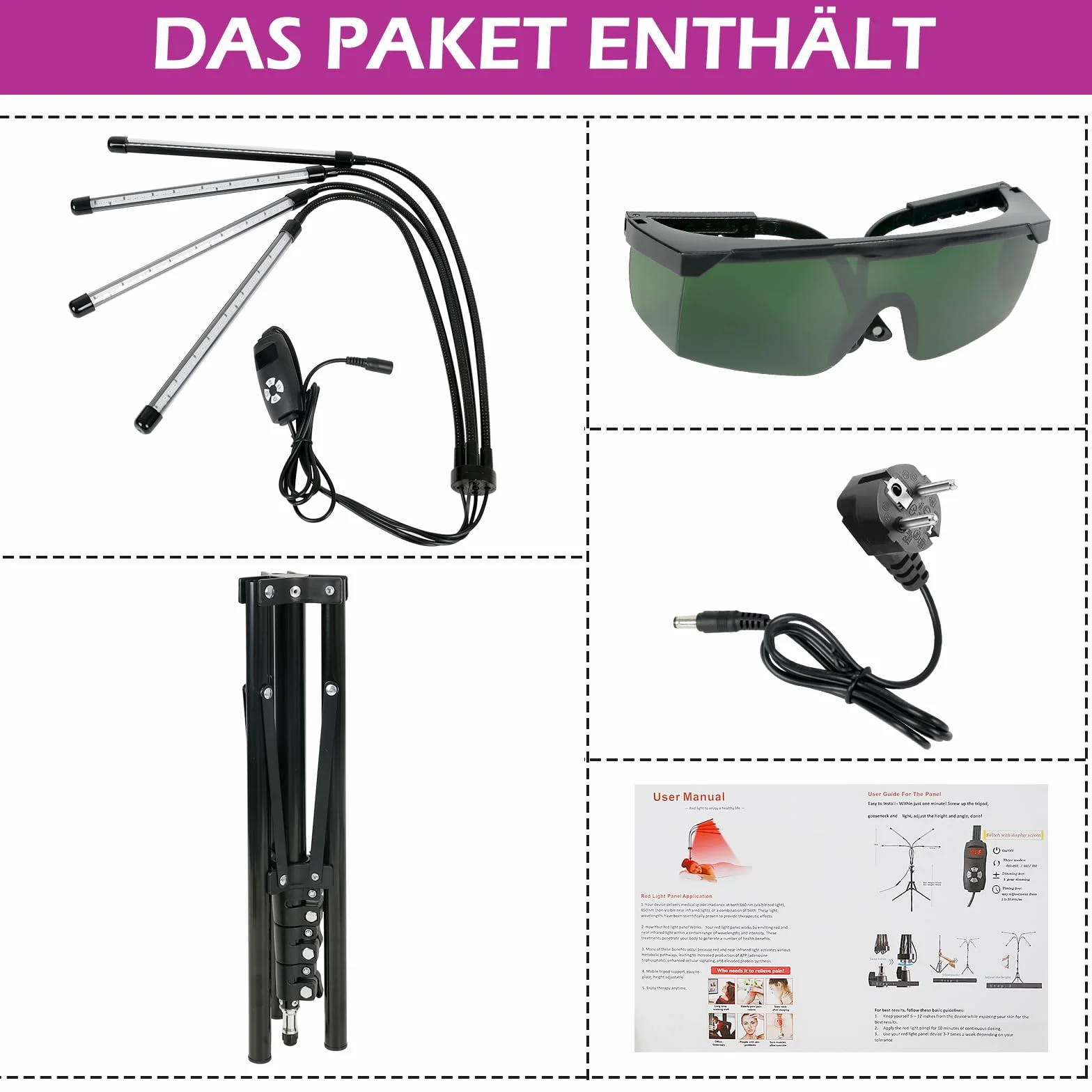 Lampa z czerwonym światłem 660 nm 850 nm 4 głowice 5 trybów ściemniania timer stojak terapia światłem