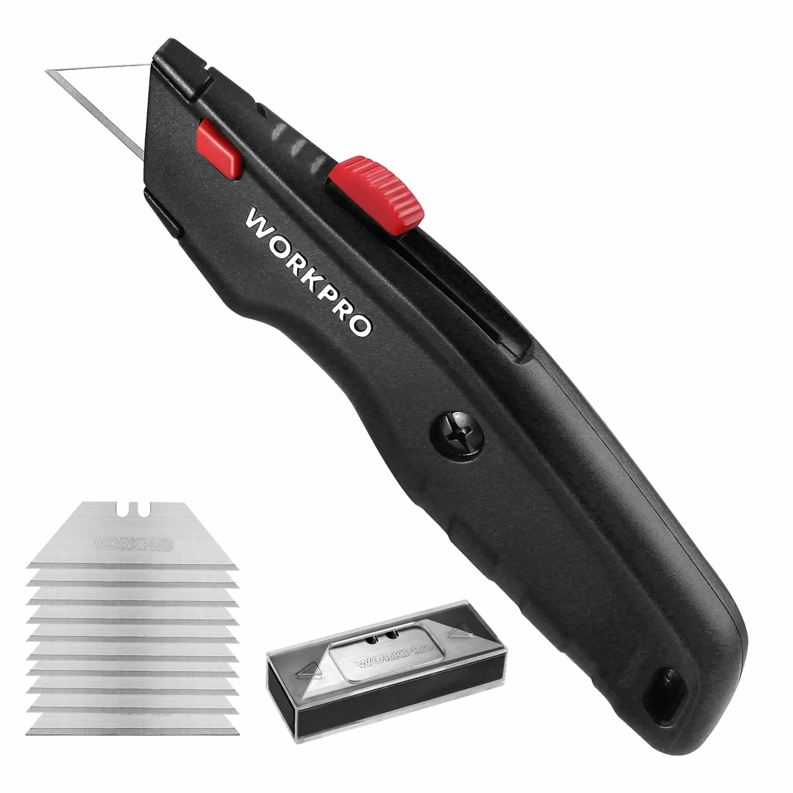 WORKPRO Einziehbares Universalmesser aus Vollmetall mit Schnellwechselklinge, 10 Klingen, Schwarz