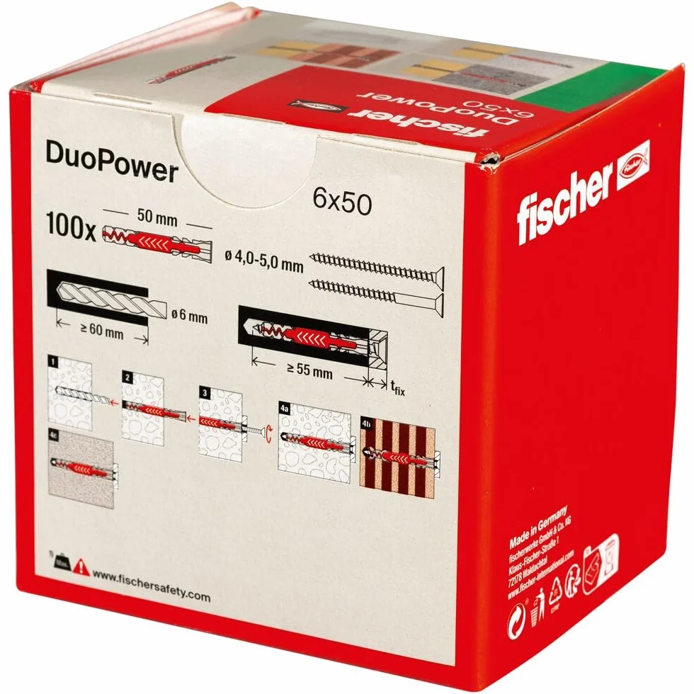 Fischer DuoPower 6x50 2-komponentowa kolka plastikowe 100 sztuk do betonu cegły kamienia