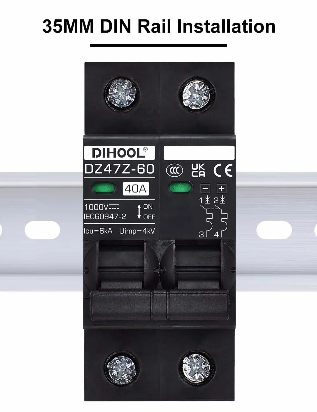 DIHOOL Wyłącznik 1000VDC Solar PV Bezpiecznik fotowoltaiczny 2 Pole 40 Amp
