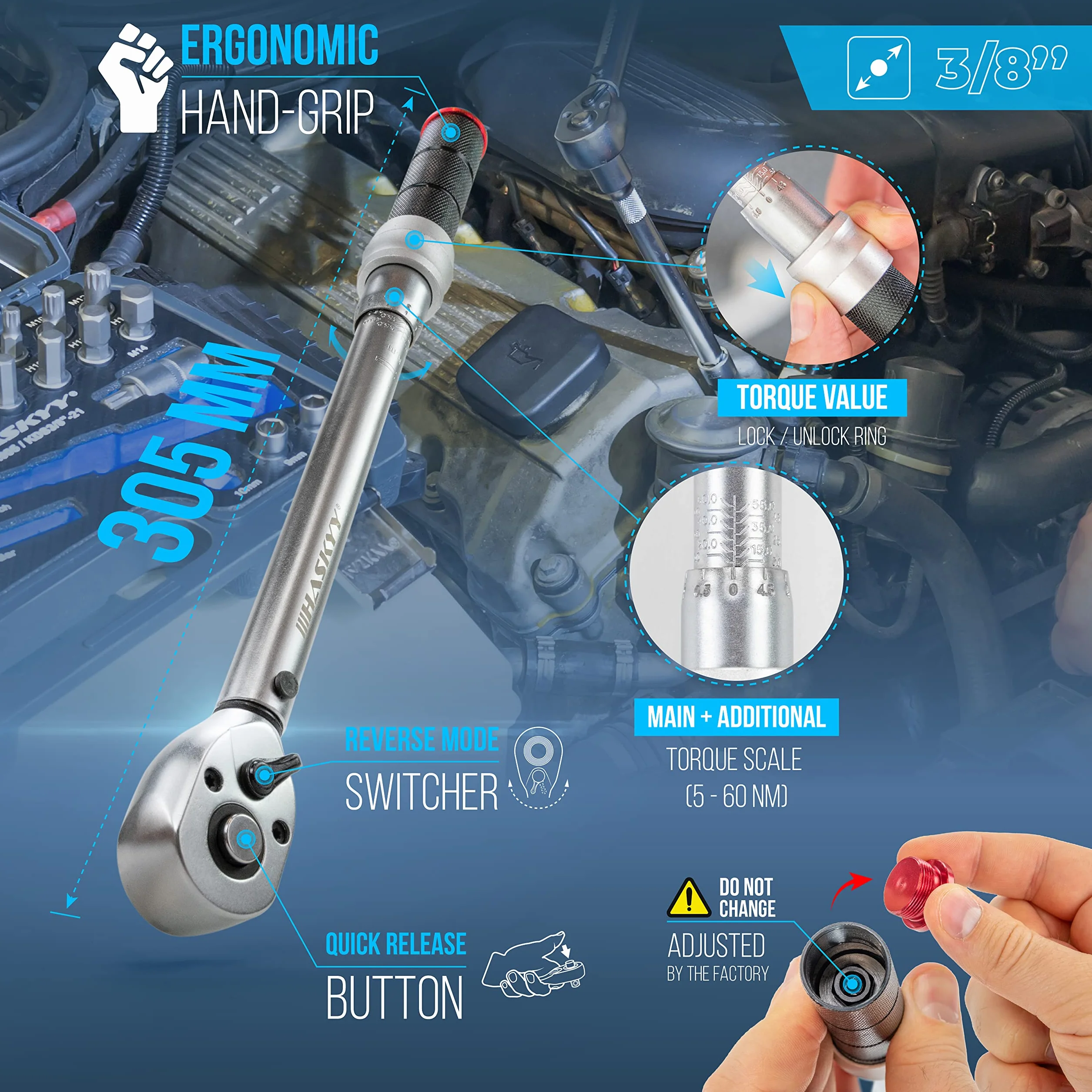 HASKYY Zestaw kluczy dynamometrycznych 3/8" 5-60 Nm do motocykli