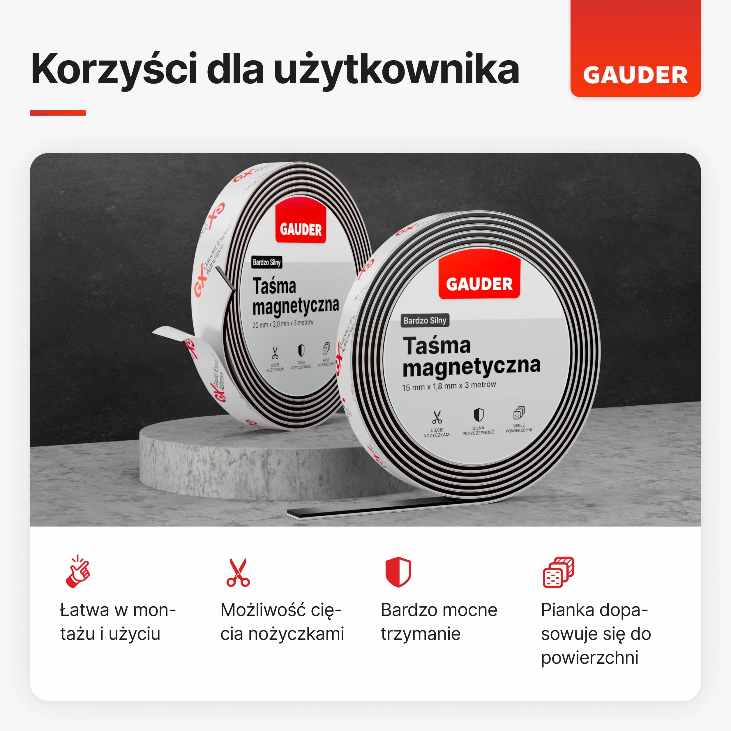 GAUDER Taśma Magnetyczna Samoprzylepna Mocna 3 m x 15 mm