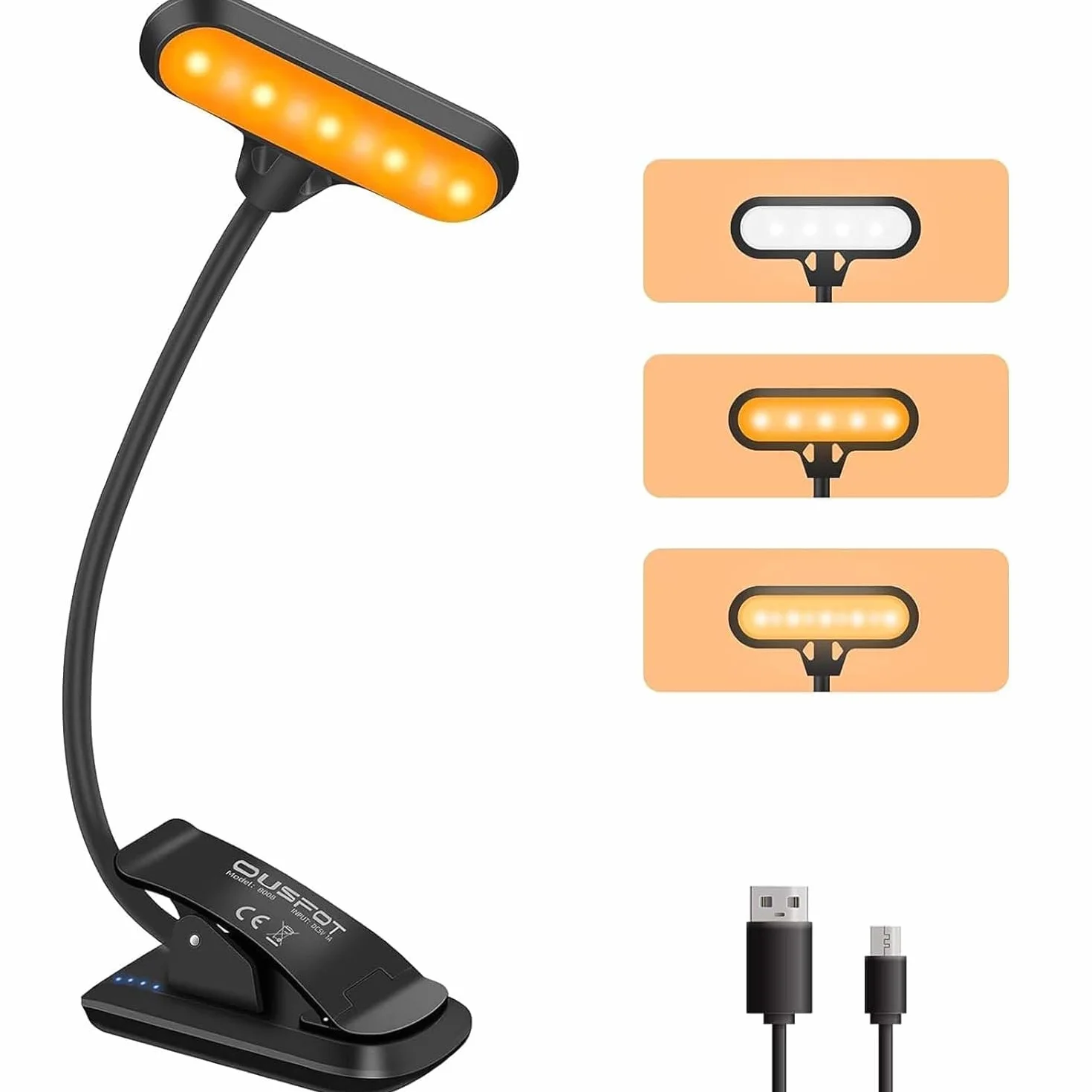 OUSFOT Lampka do Czytania z Klipsem 9 LED USB 3 Jasności Regulacja 360° Elastyczna Lampa LED