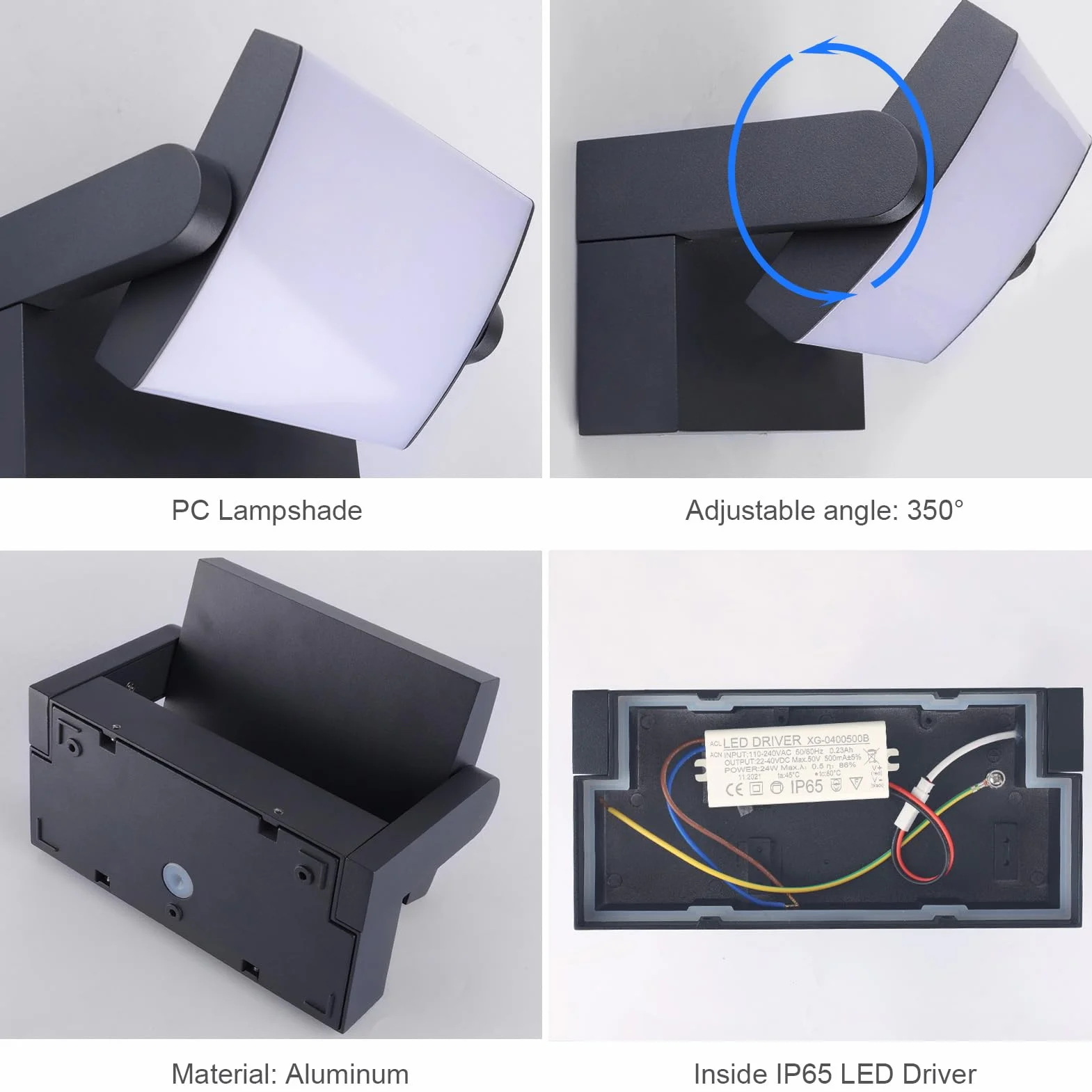 Klighten Lampa ścienna LED 24 W, na zewnątrz, wodoodporna, IP65, regulowana aluminiowa lampa ścienna, nowoczesne oświetlenie zewnętrzne, zasilanie sieciowe, do wejścia, ogrodu, na taras, 1500 lm