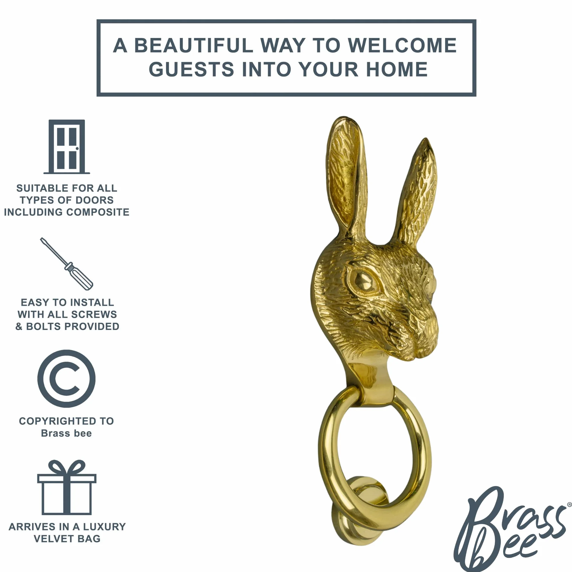 Mosiężna gałka do drzwi Brass Bee - masywne mosiężne wykończenie - Knockers