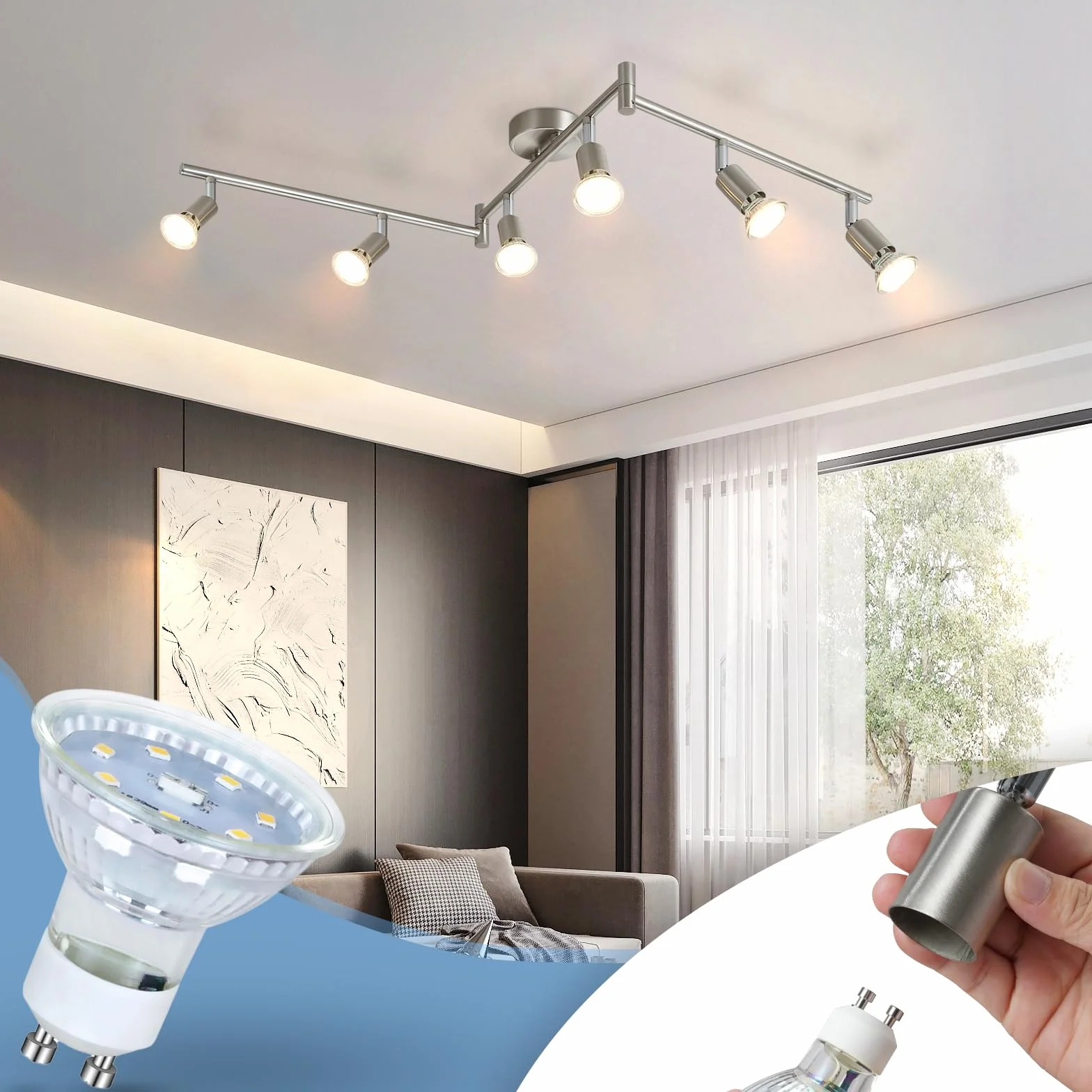 Glitzerlife Reflektor sufitowy LED 6-płomieniowy salon - lampa sufitowa GU10 reflektor sufitowy obrotowy 330° lampa reflektorowa ze stali nierdzewnej sufit sypialnia wnętrze bez źródła światła