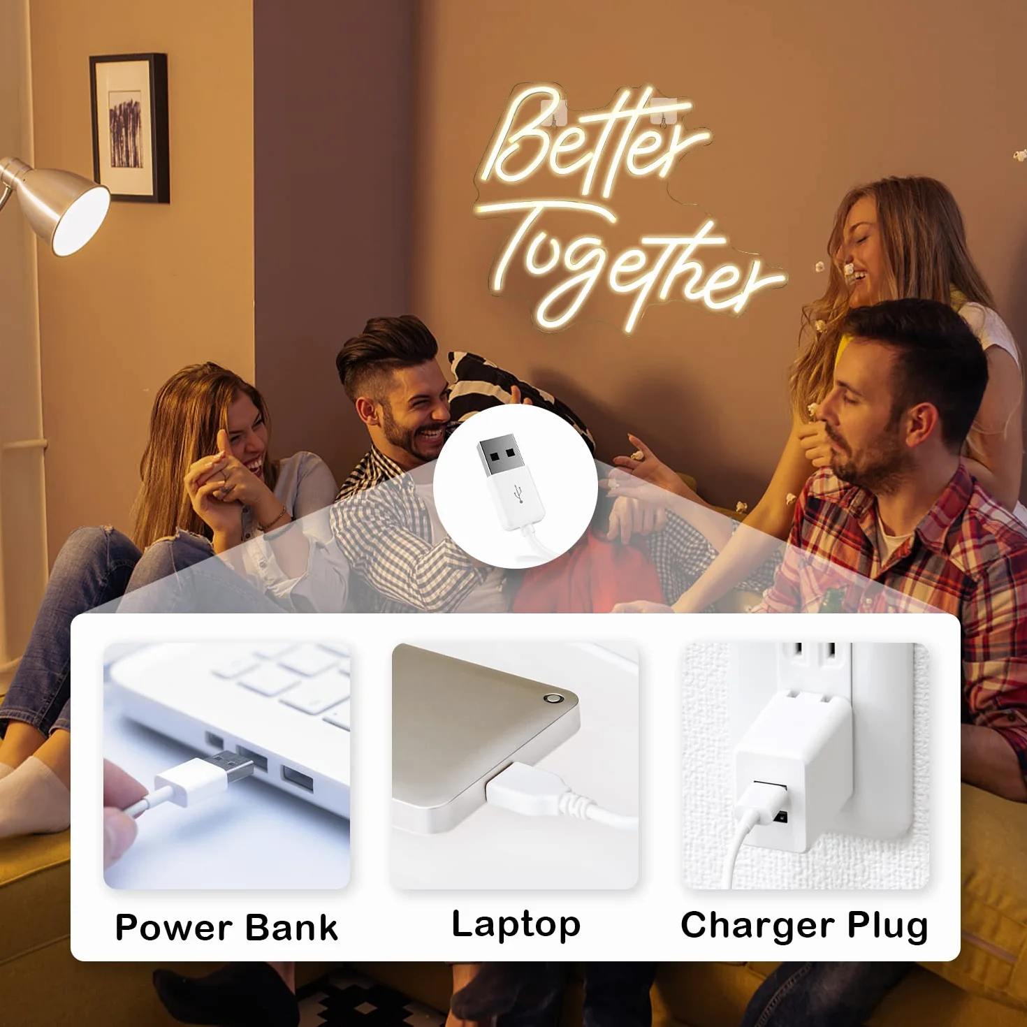 Looklight Better Together neonowy szyld LED, ciepła biel, dekoracja ścienna, litera USB, neonowe światło do sypialni, na wesele, urodziny, imprezę, do baru, pokoju, jako dekoracja na prezent