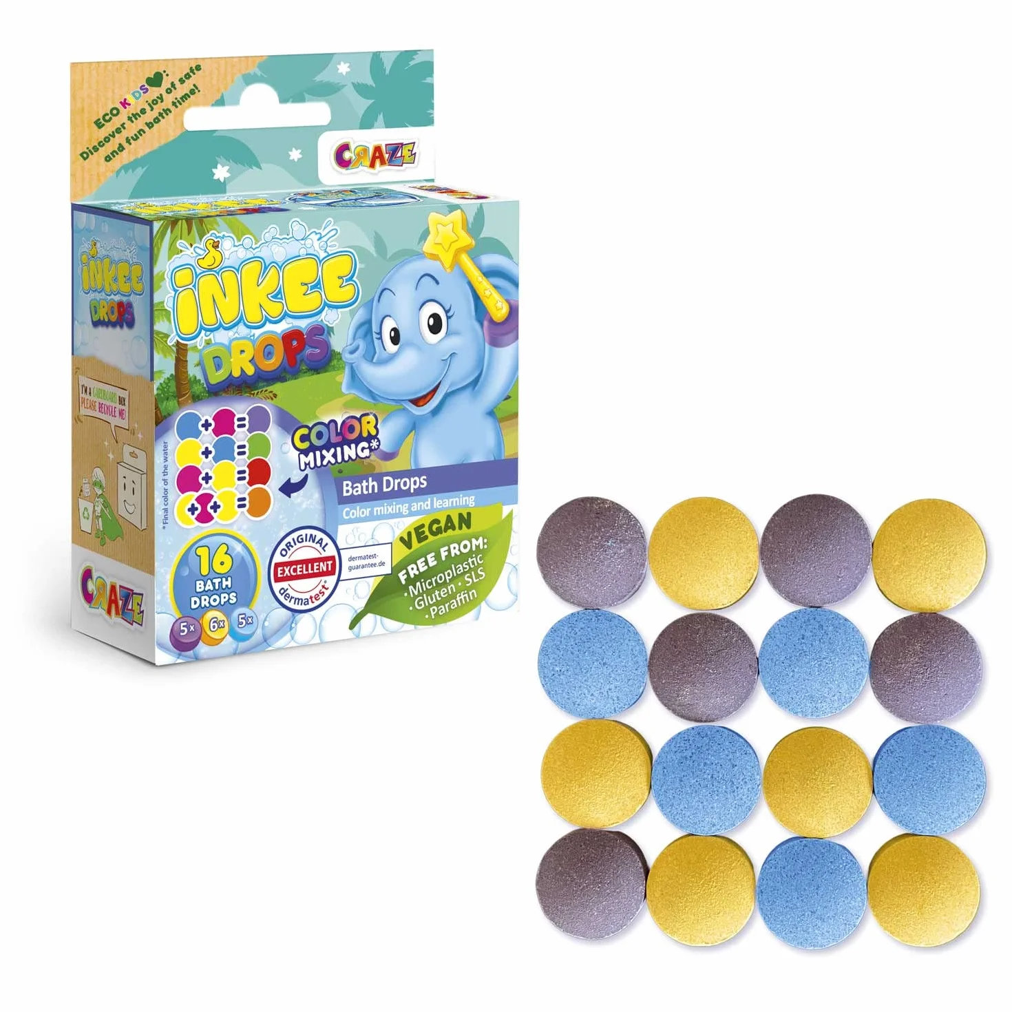 INKEE Bath Drops – 16 Tabletek do Kąpieli do Nauki Kolorów, Badefarby do Wanny dla Dzieci – Kolorowe Tabletki do Kąpieli w Magenta, Żółtym i Niebieskim, 1 Opakowanie