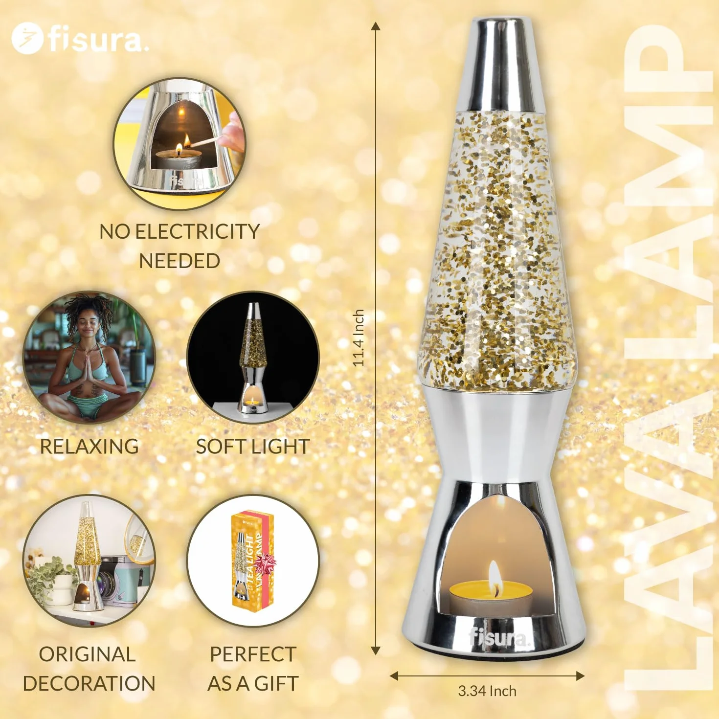Fisura Lampa z lawą z brokatem 29 cm x 8,5 cm chromowana podstawa