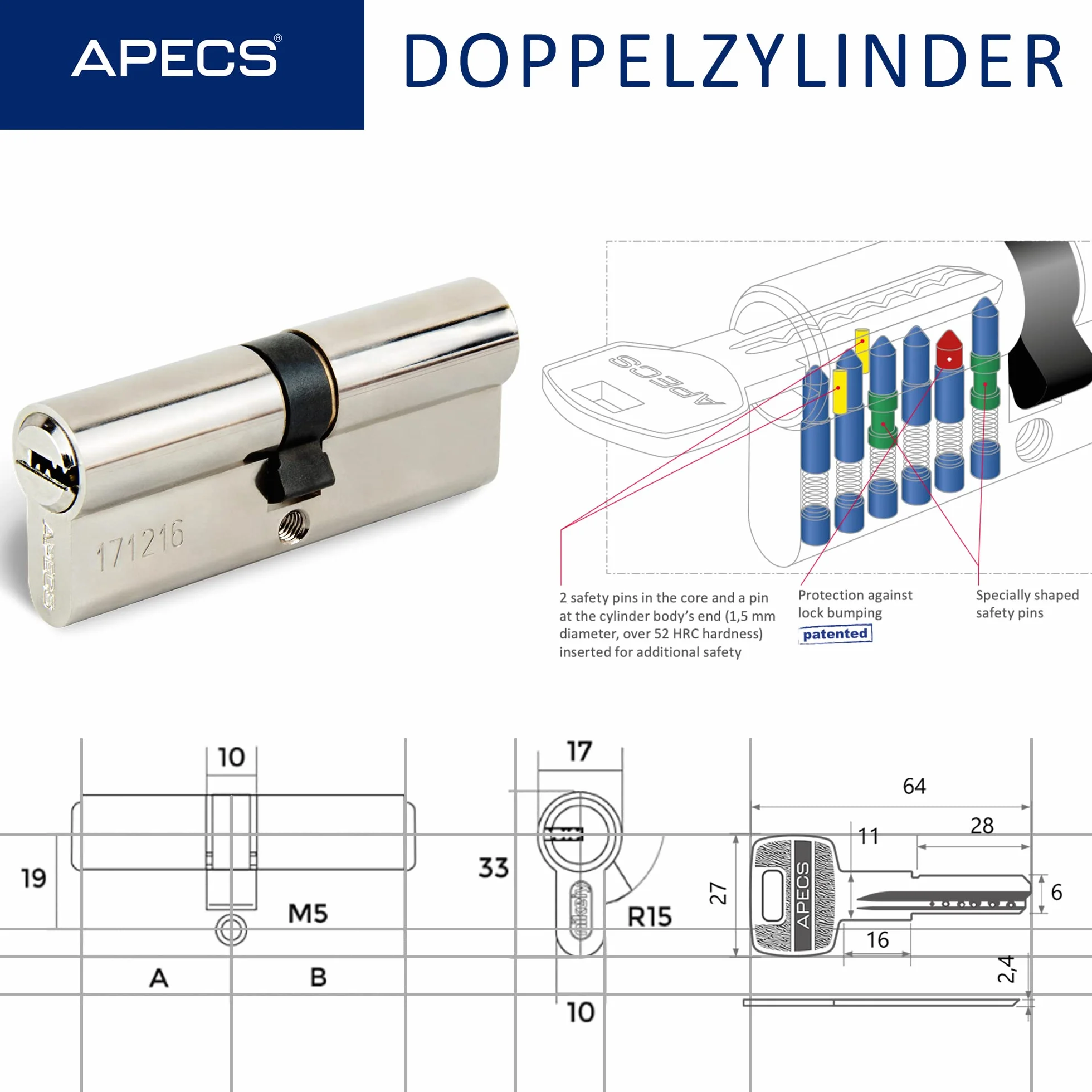 APECS Zamek bębenkowy cylinder profilowy 70 (30/40) mm z 5 kluczami SM-70