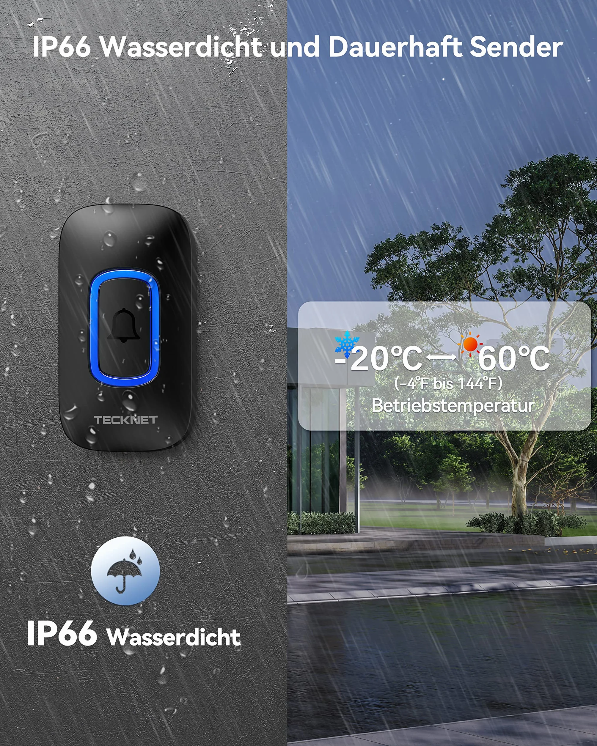 TECKNET Bezprzewodowy dzwonek do drzwi, zasilany baterią, wodoodporny IP66, zasięg 400 m, 5 poziomów głośności 60 melodii, wymienna bateria RGB bezprzewodowy dzwonek do drzwi, do domu, biura,