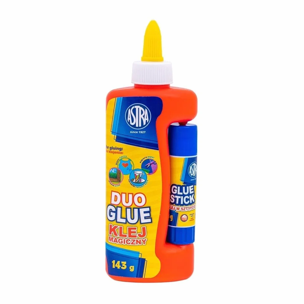 ASTRA Magiczny Klej w Płynie PVA 143g + Klej w Sztyfcie PVP 8g, Uniwersalny, Do Papieru i Tektury, Przezroczysty, Łatwo Zmywalny, Zestaw 2 szt., Opakowanie Kartonowe, Wyprodukowano w Chinach