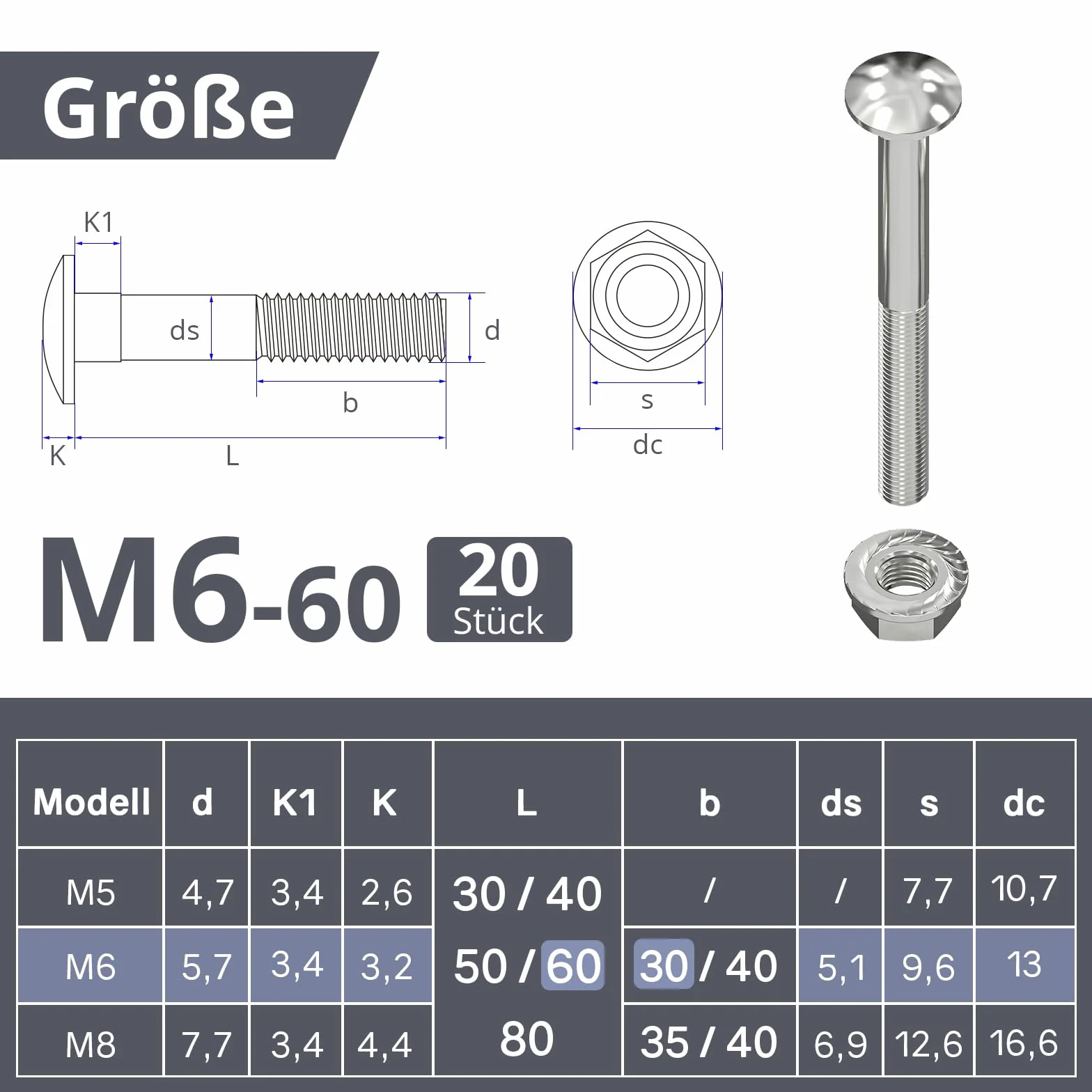 ORTAVA Śruby zamkowe M6 × 60 ocynkowane DIN 603 z nakrętką kołnierzową ze stali węglowej