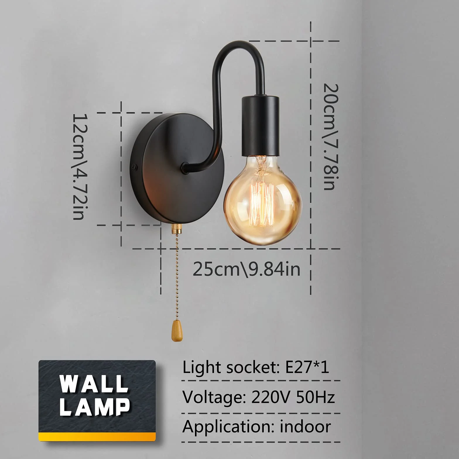 Lightess Lampa ścienna vintage E27 czarna metalowa industrialna retro z przełącznikiem