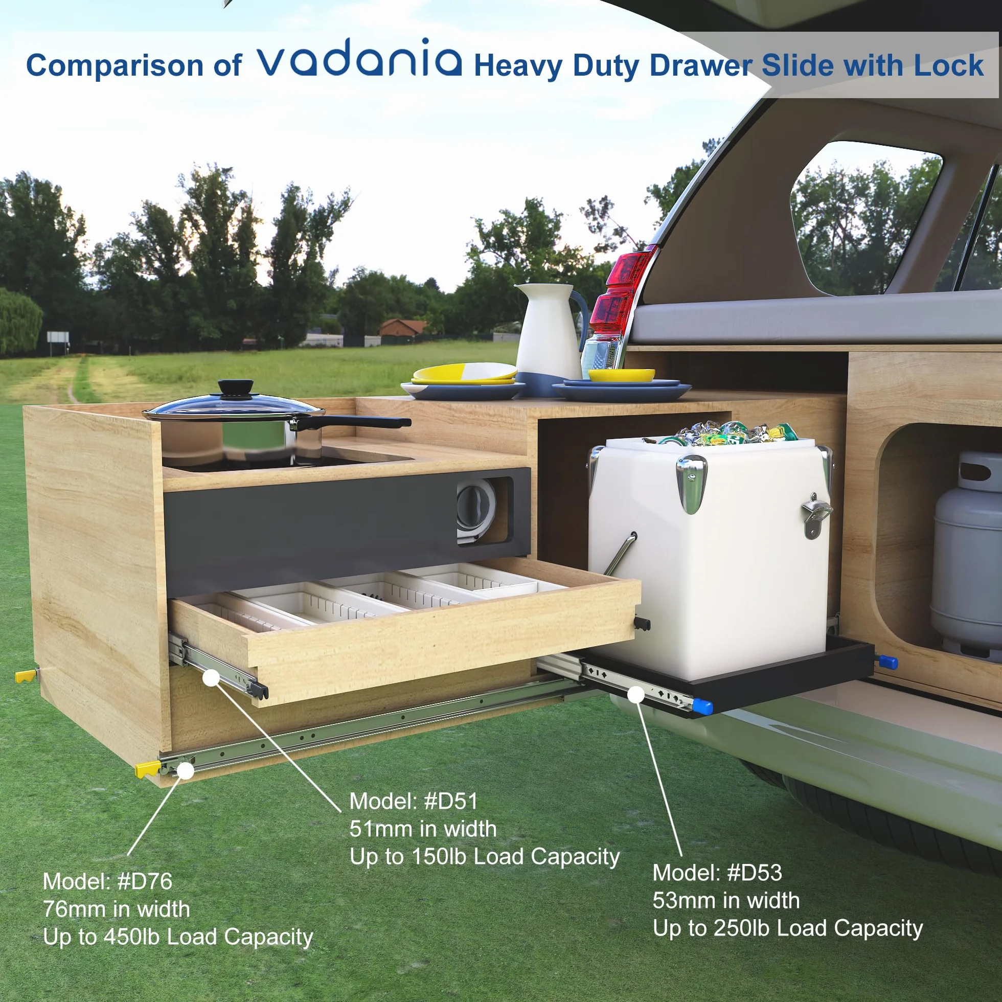 VADANIA Prowadnica szuflady 700mm Heavy Duty z blokadą, Srebrny#D51, ładowność 53kg, 3-krotny pełny wysuw, blokada i blokada łożyska kulkowego, mocowanie boczne, 1 para