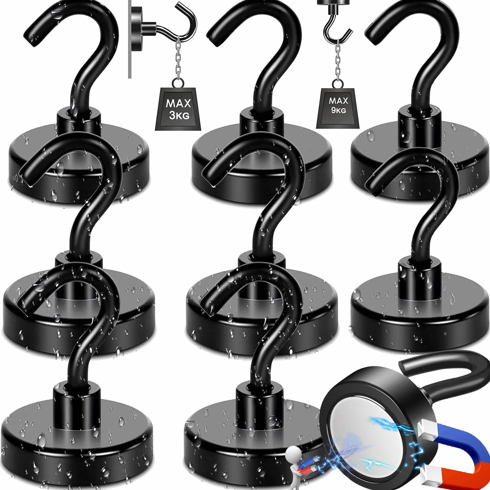 Neodymowe Haczyki Magnetyczne 8 sztuk 19 kg Czarne