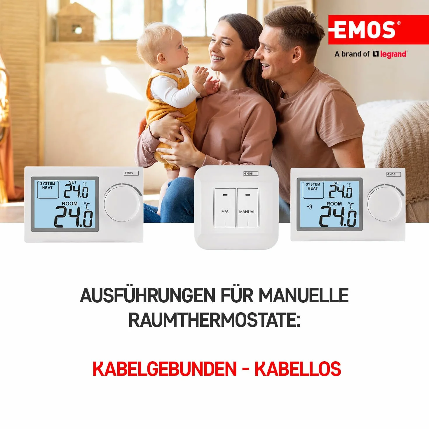 EMOS - Cyfrowy termostat pokojowy z wyświetlaczem LCD – ręczny, przewodowy – systemy ogrzewania i chłodzenia – regulacja temperatury 5–35 °C – montaż natynkowy – łatwa obsługa – bateria w zestawie –