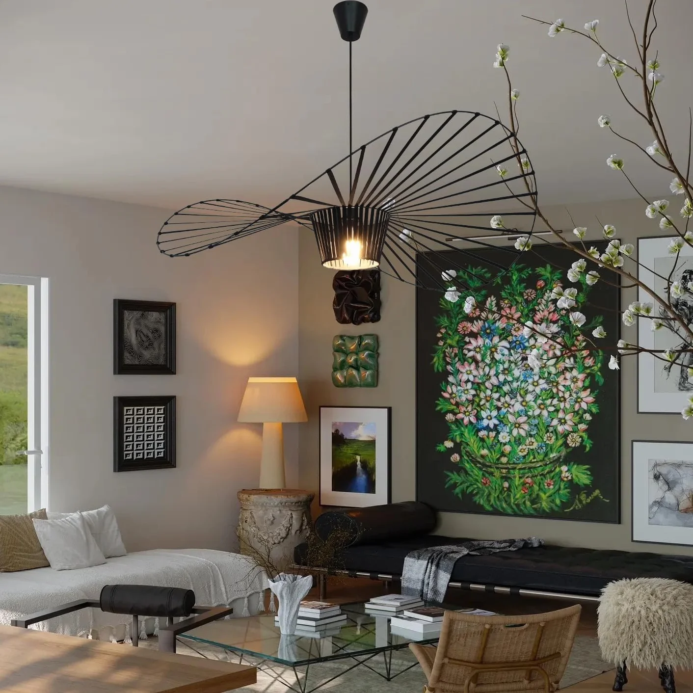 Żyrandol Retro Vertigo z Włókna Szklanego, Nowoczesny Projekt, Oświetlenie Dekoracyjne E27, Czarny 100cm