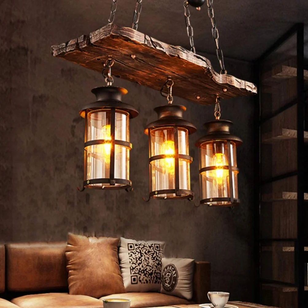 Lampa wisząca vintage E27, przemysłowa retro drewno czarna żelazo i szkło, klosz loft z regulacją wysokości