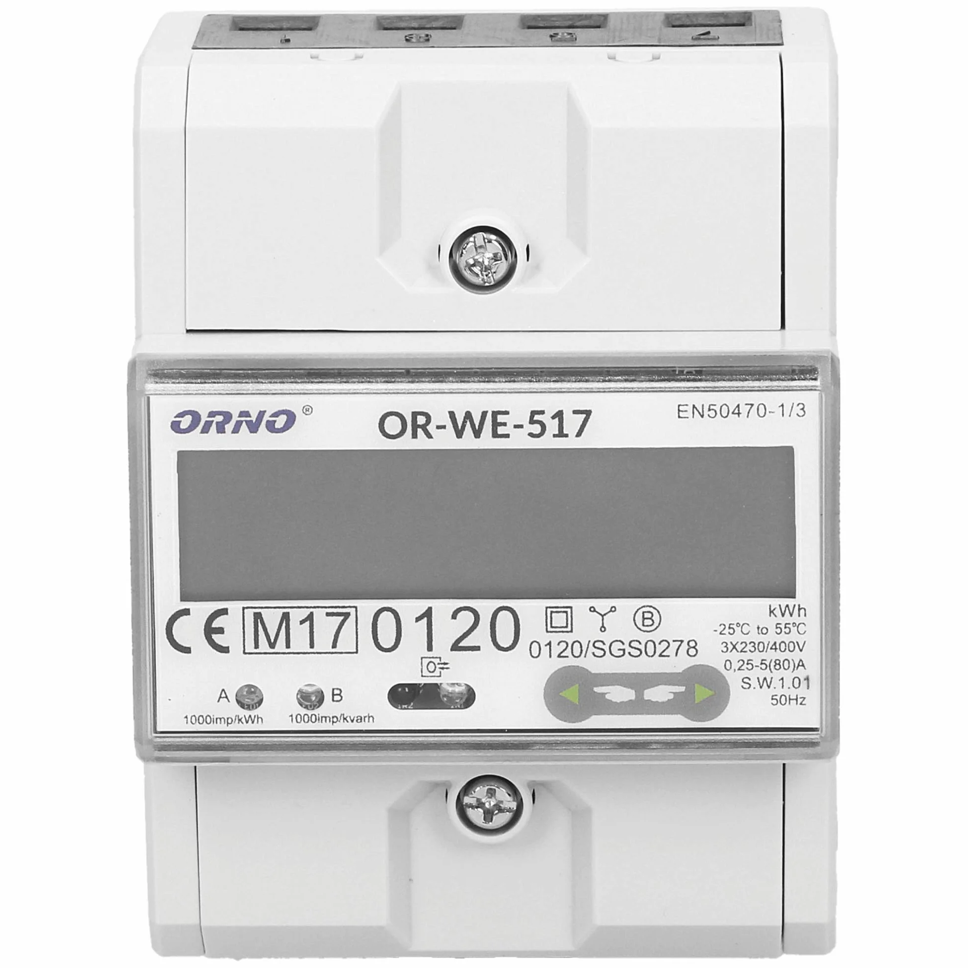 ORNO OR-WE-517 multitarif dwudrożny licznik prądu, szyna montażowa 3-fazowy, 0,25 A - 80 A, 3 x 230 V/400 V