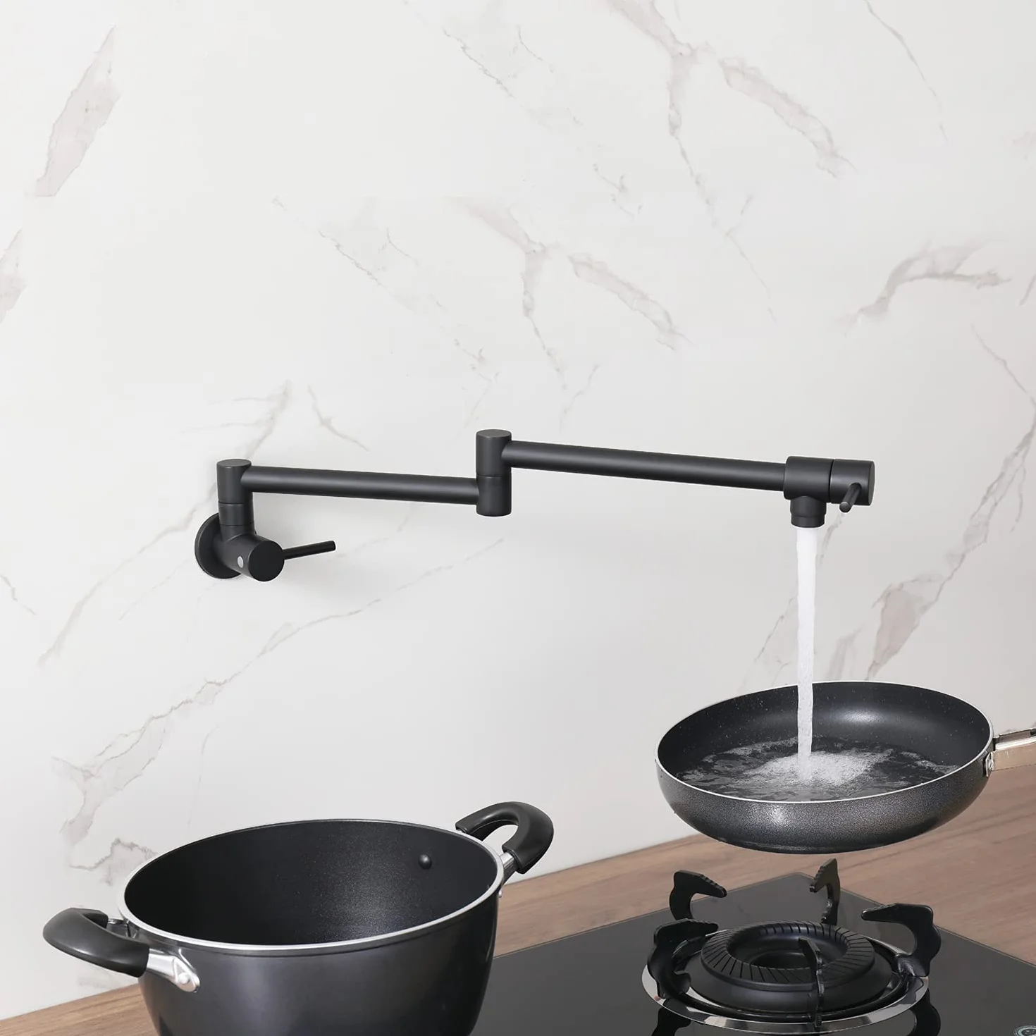Black Pot Filler Faucet Modern Wall Mount Double Joint Swing Arm Solid Brass Kitchen Sink Faucet Matt Black