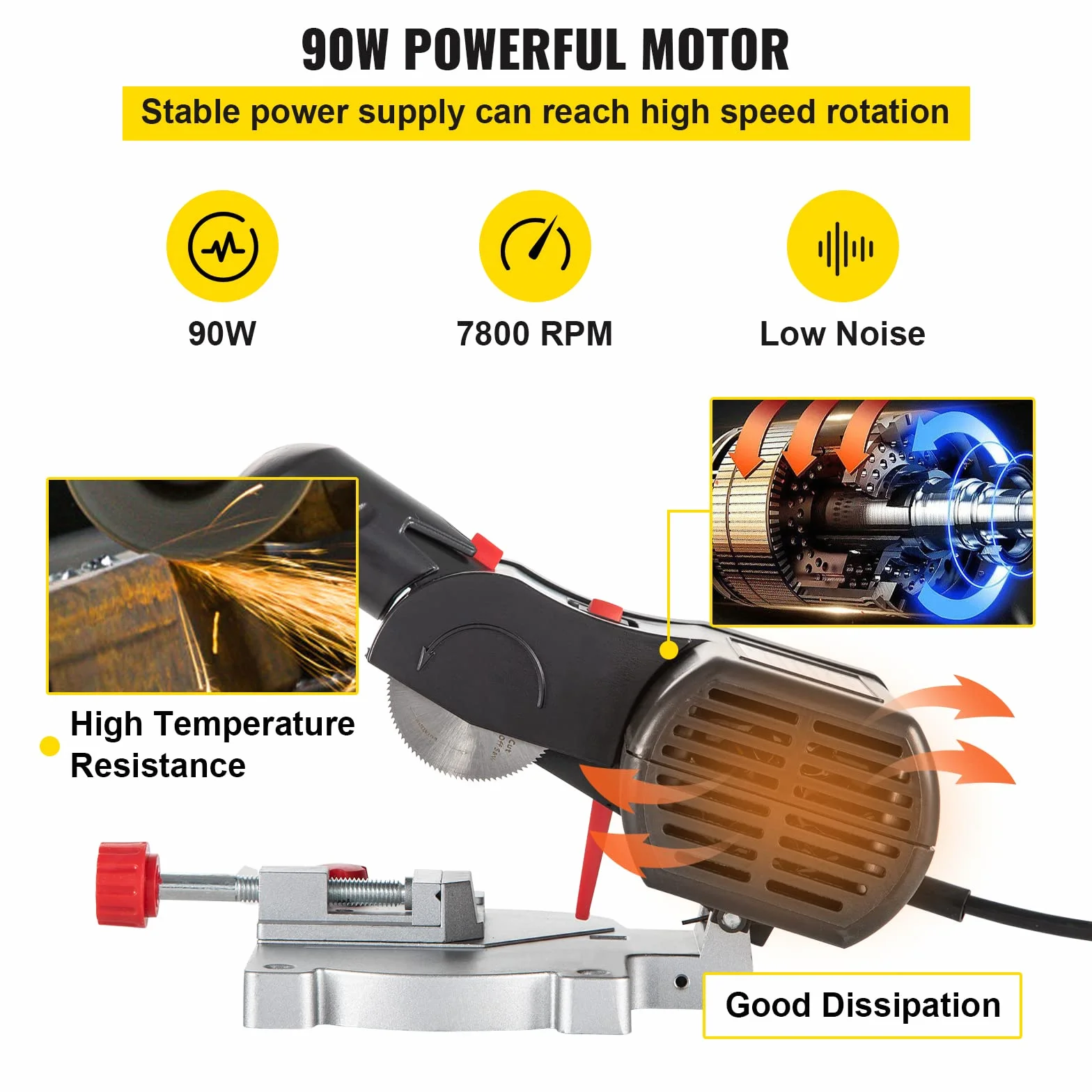 VEVOR Mini piła ukośna 90 W, 7800 RPM, regulacja 0-45°, brzeszczoty 5 cm i 5,87 cm, 12/10/4 mm, przenośna, do drewna, cynku, aluminium