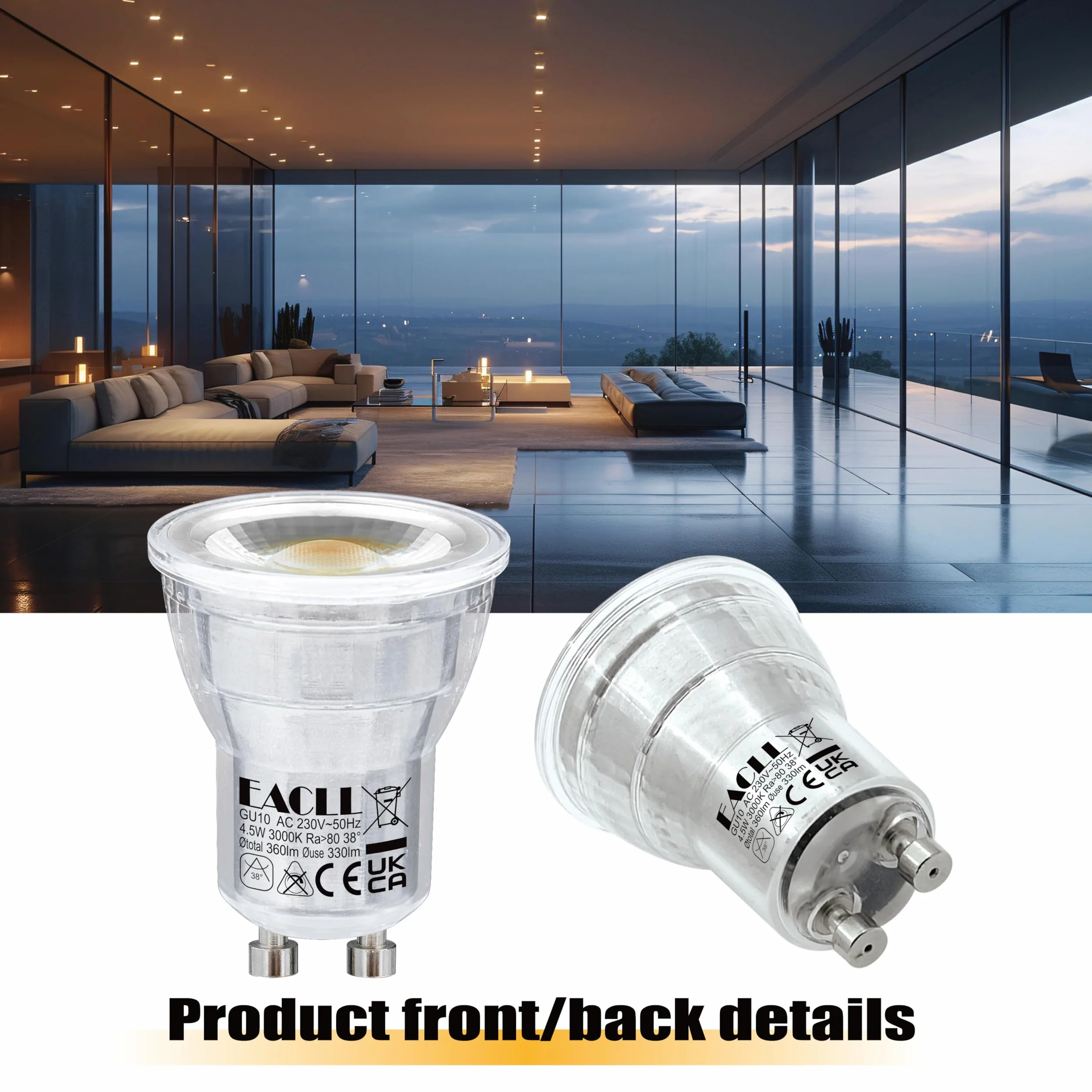 EACLL Żarówka LED GU10 4,5 W 3000 K 330 lm MR11 nieściemnialna AC 230V 38° zestaw 4 sztuk