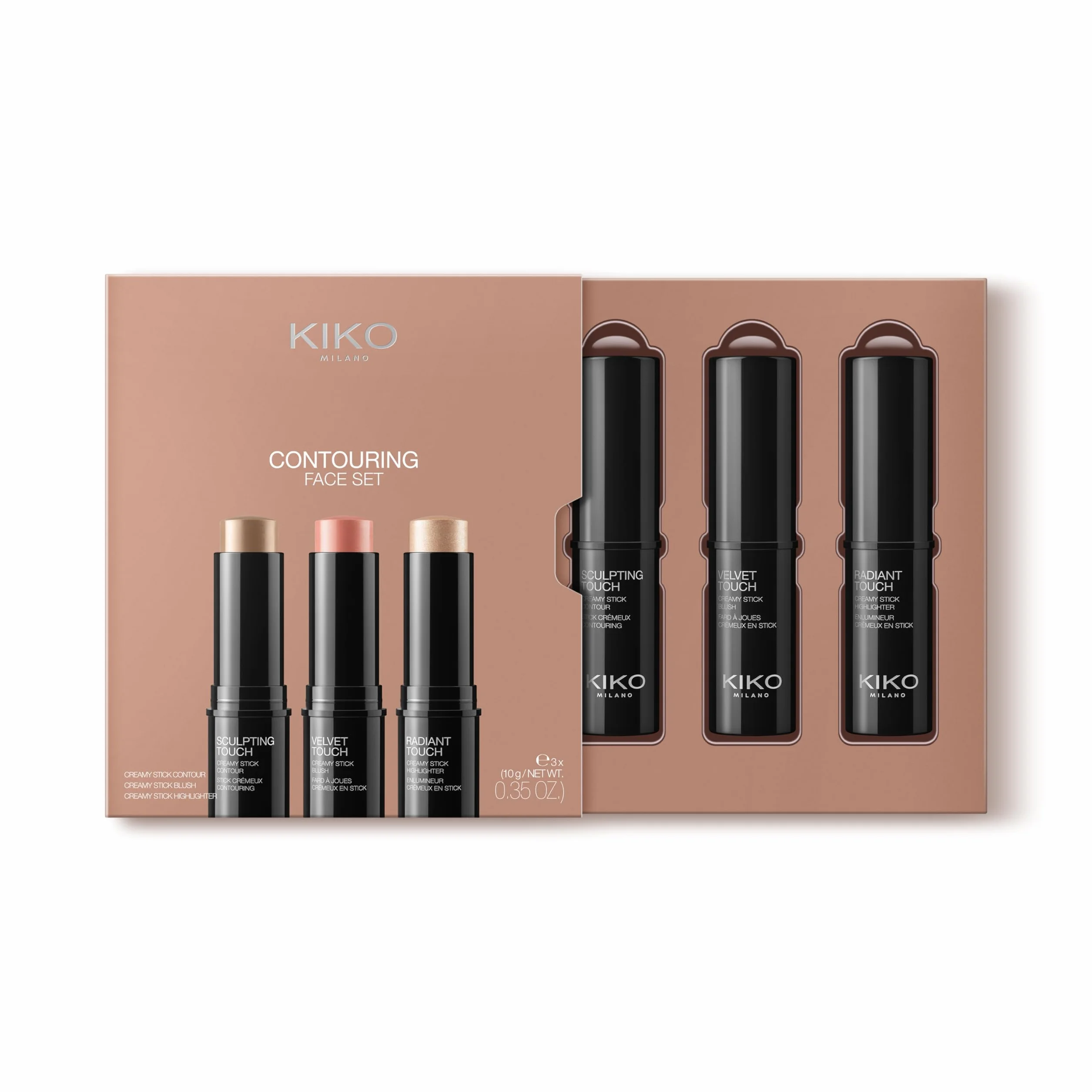 KIKO Milano Contouring Face Set 01, Zestaw Do Makijażu Twarzy Z 3 Sztyftami: Różem, Rozświetlaczem I Sztyftem Do Konturowania