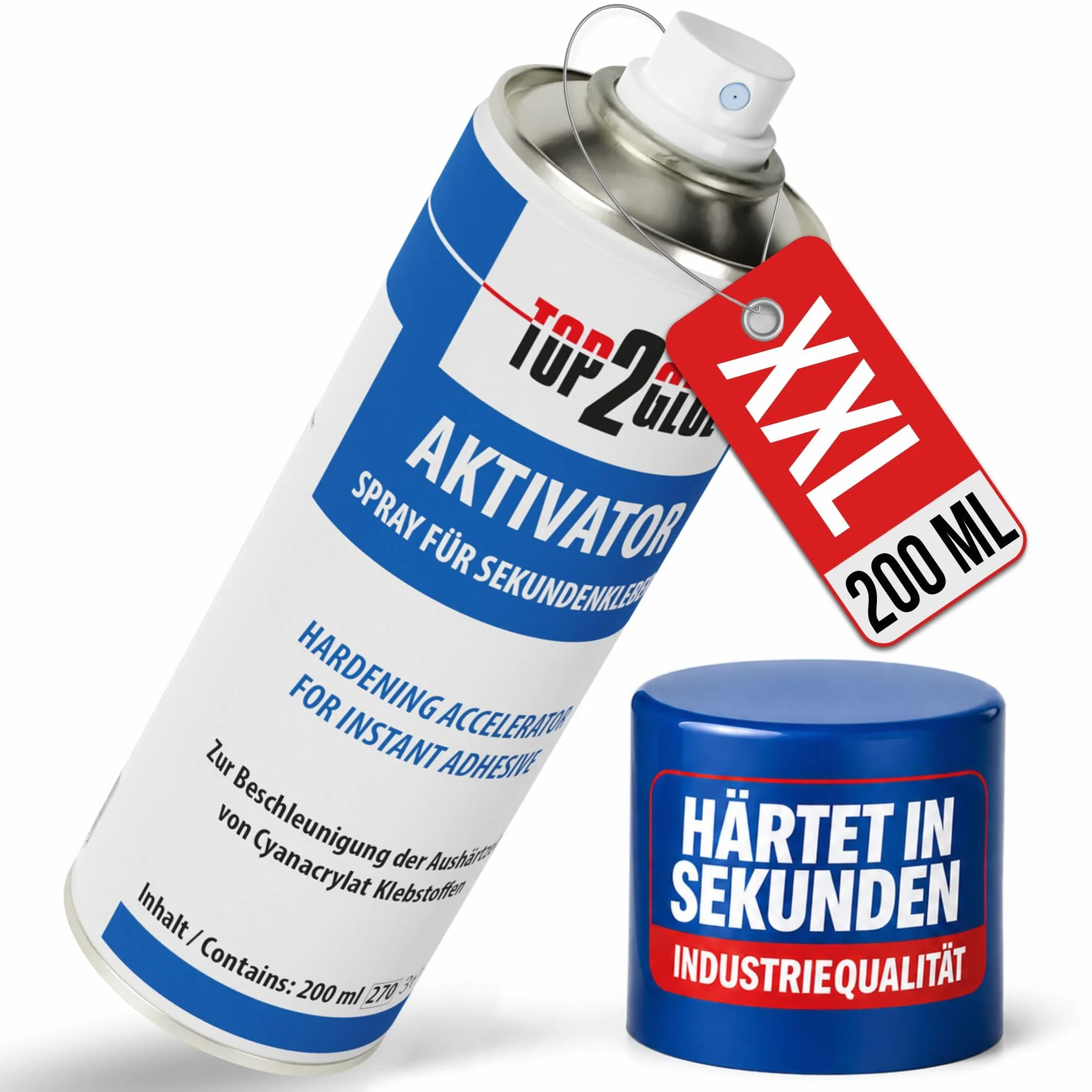 Top2Glue Klej błyskawiczny aktywator w sprayu 200 ml – puszka z rozpylaczem do błyskawicznego utwardzania kleju błyskawicznego – cyjanoakrylowy przyspieszacz utwardzania – mocne klejenie za pomocą